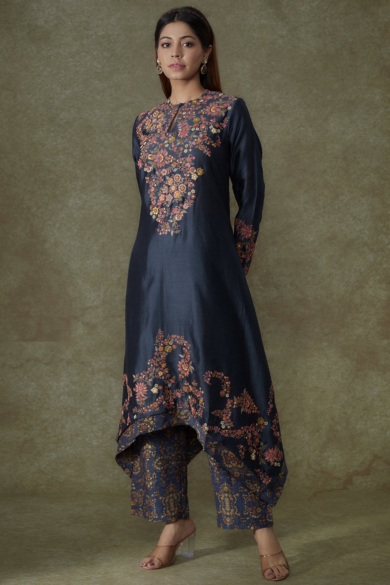 Midnight Blue Chanderi Embroidered Kurta Set