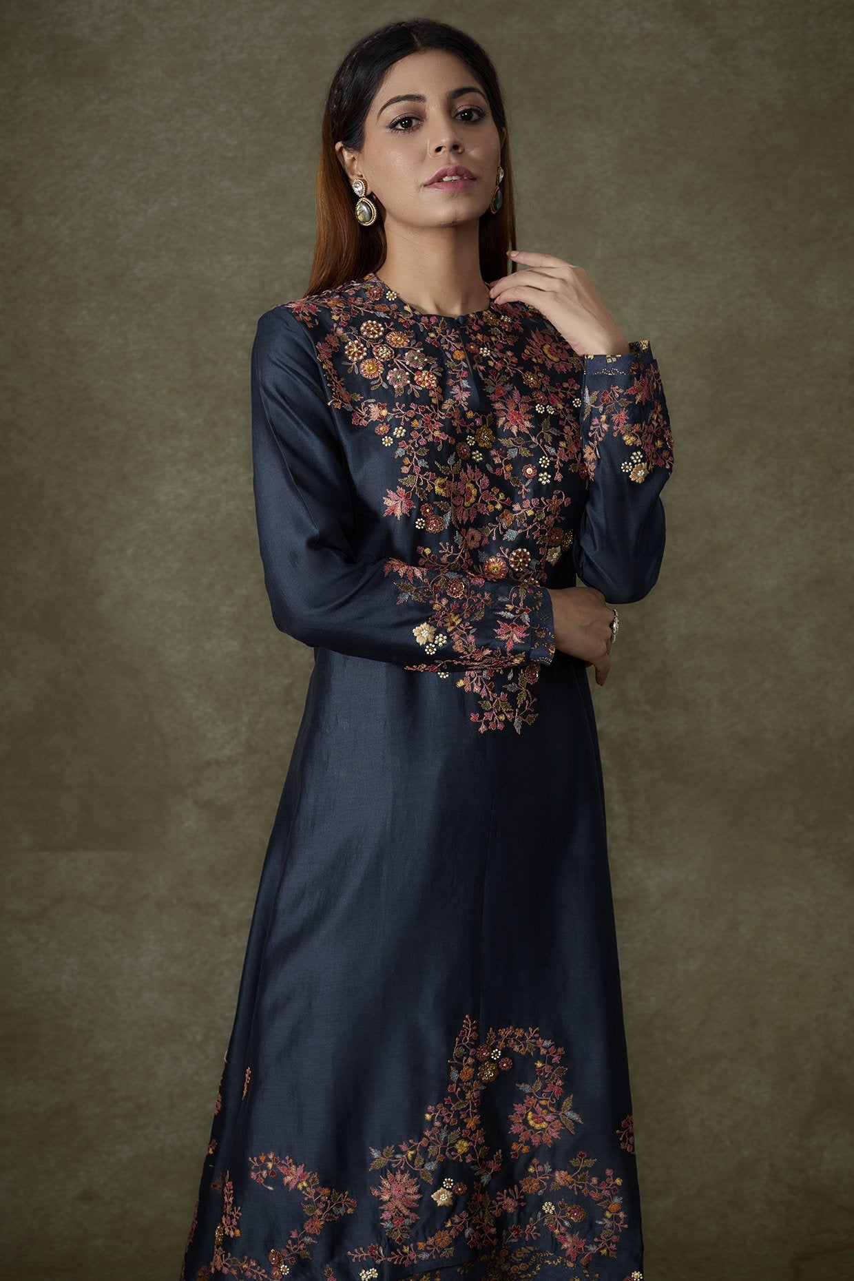 Midnight Blue Chanderi Embroidered Kurta Set