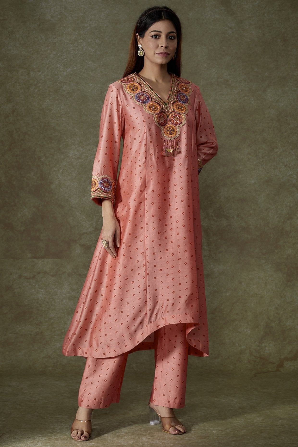 Peach Chanderi Bandhani Printed Kurta Set