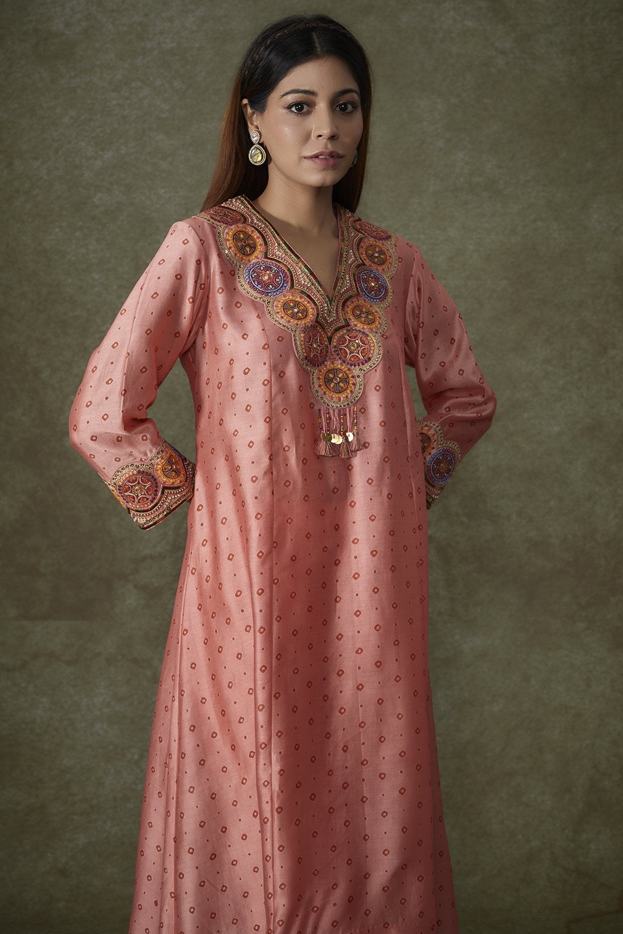 Peach Chanderi Bandhani Printed Kurta Set