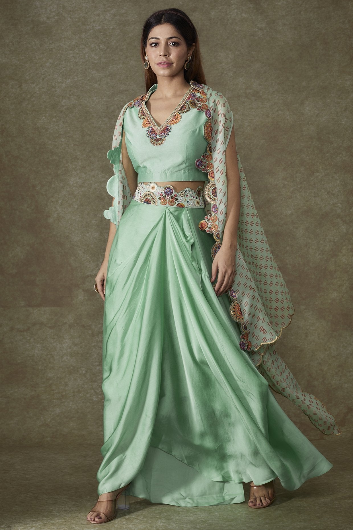 Turquoise Organza Bandhani Printed Cape Set