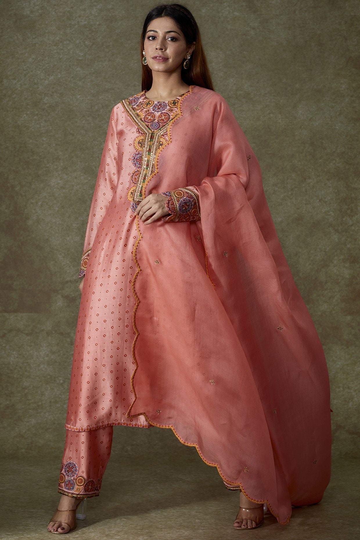 Peach Chanderi Bandhani Printed Kurta Set