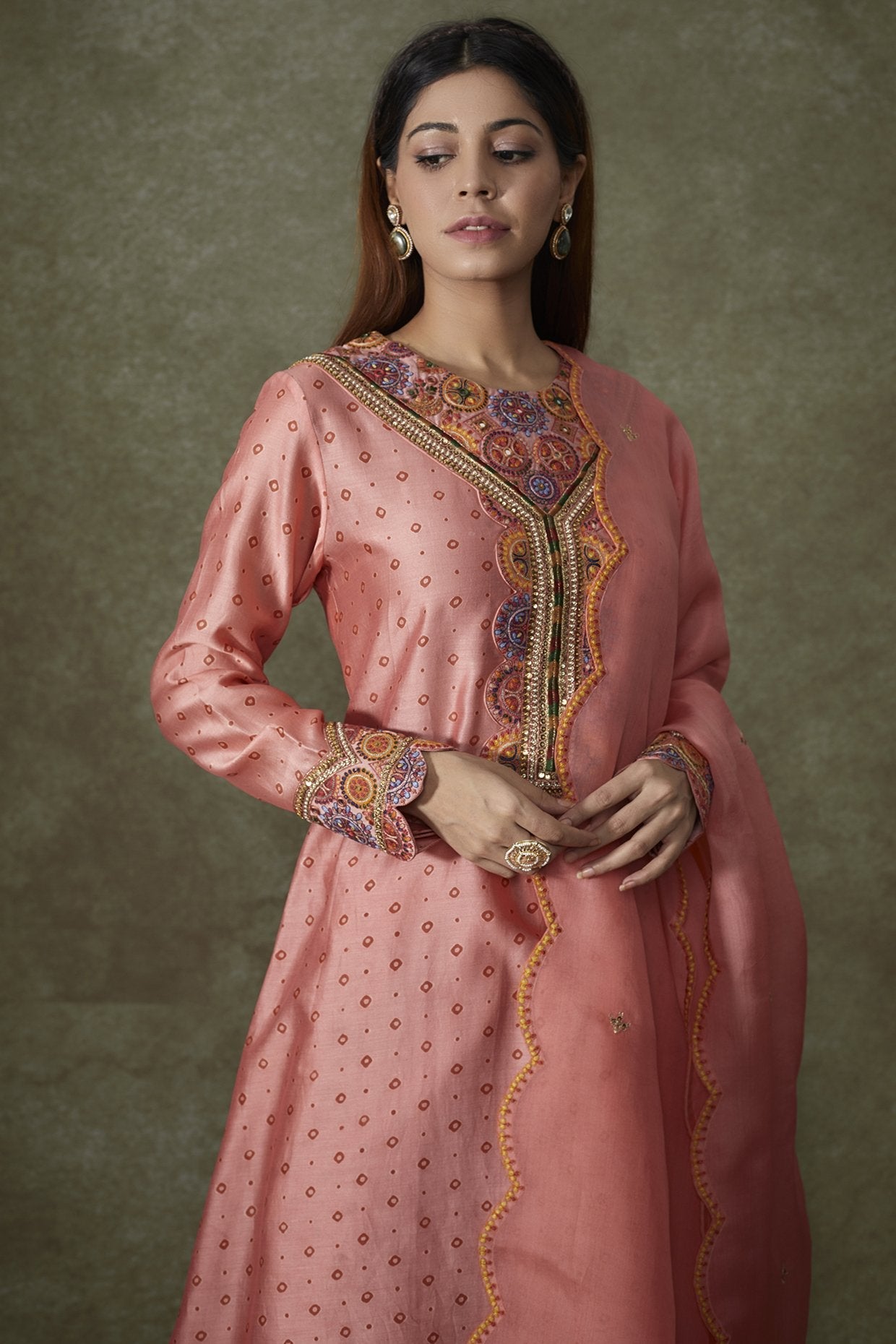 Peach Chanderi Bandhani Printed Kurta Set