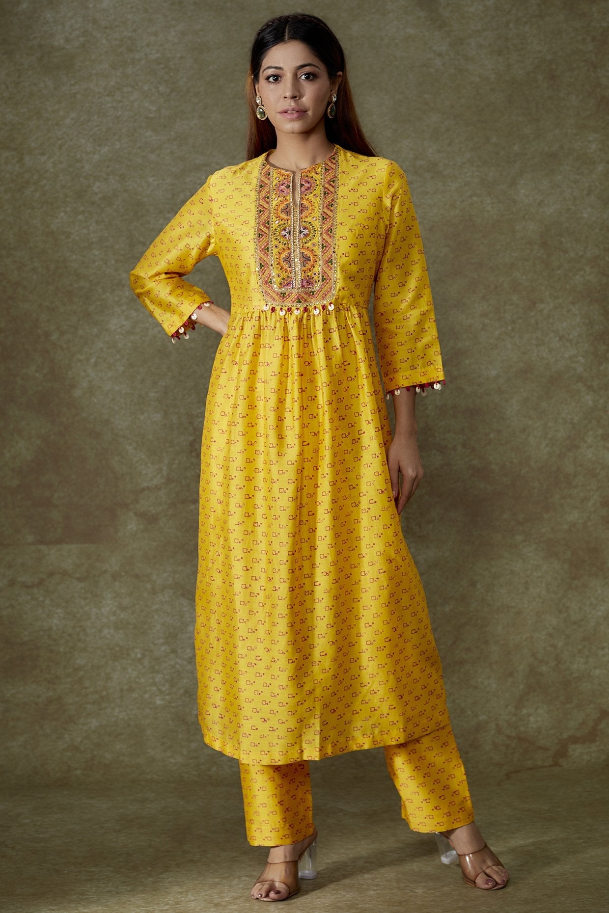 Yellow Chanderi Bandhani Printed Kurta Set
