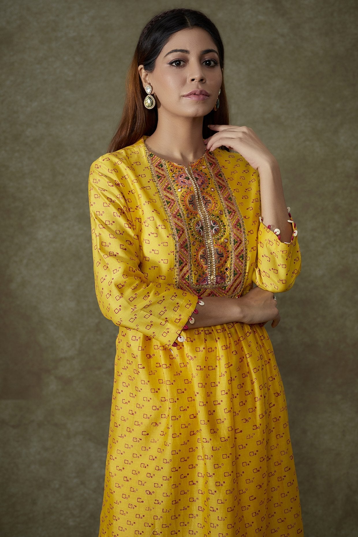 Yellow Chanderi Bandhani Printed Kurta Set