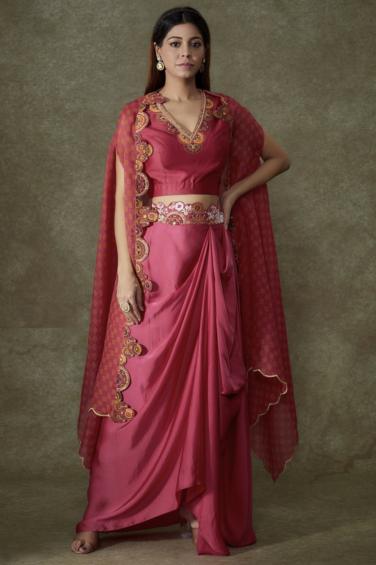 Pink Organza Bandhani Printed Cape Set