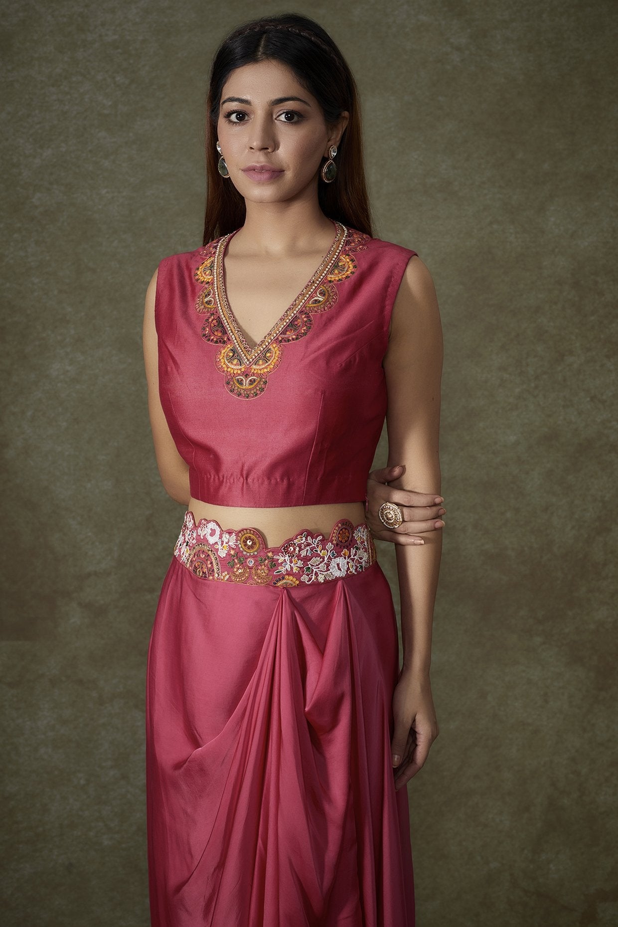 Pink Organza Bandhani Printed Cape Set