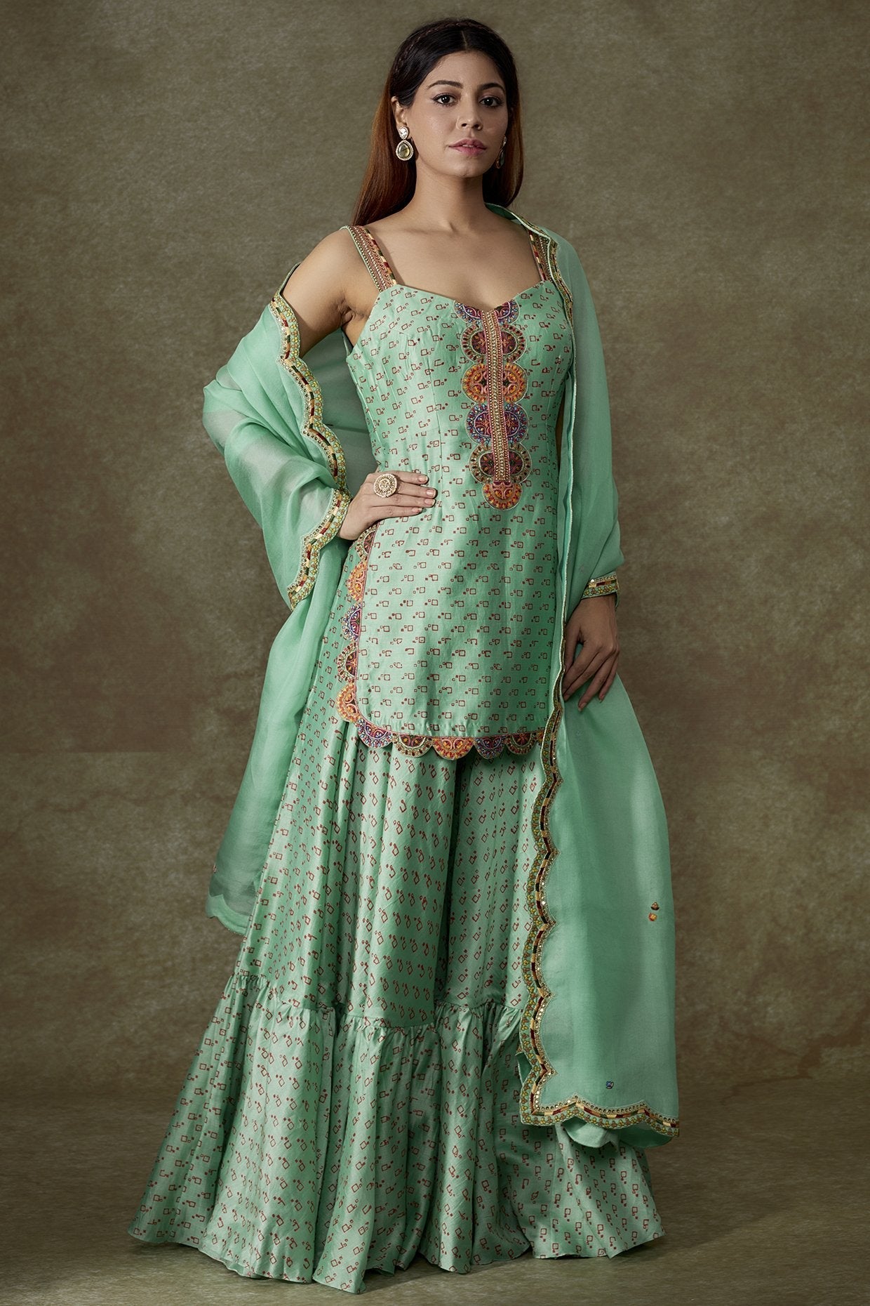 Turquoise Chanderi Bandhani Printed Sharara Set