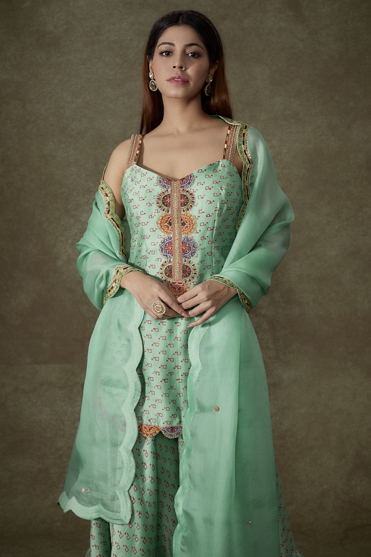 Turquoise Chanderi Bandhani Printed Sharara Set