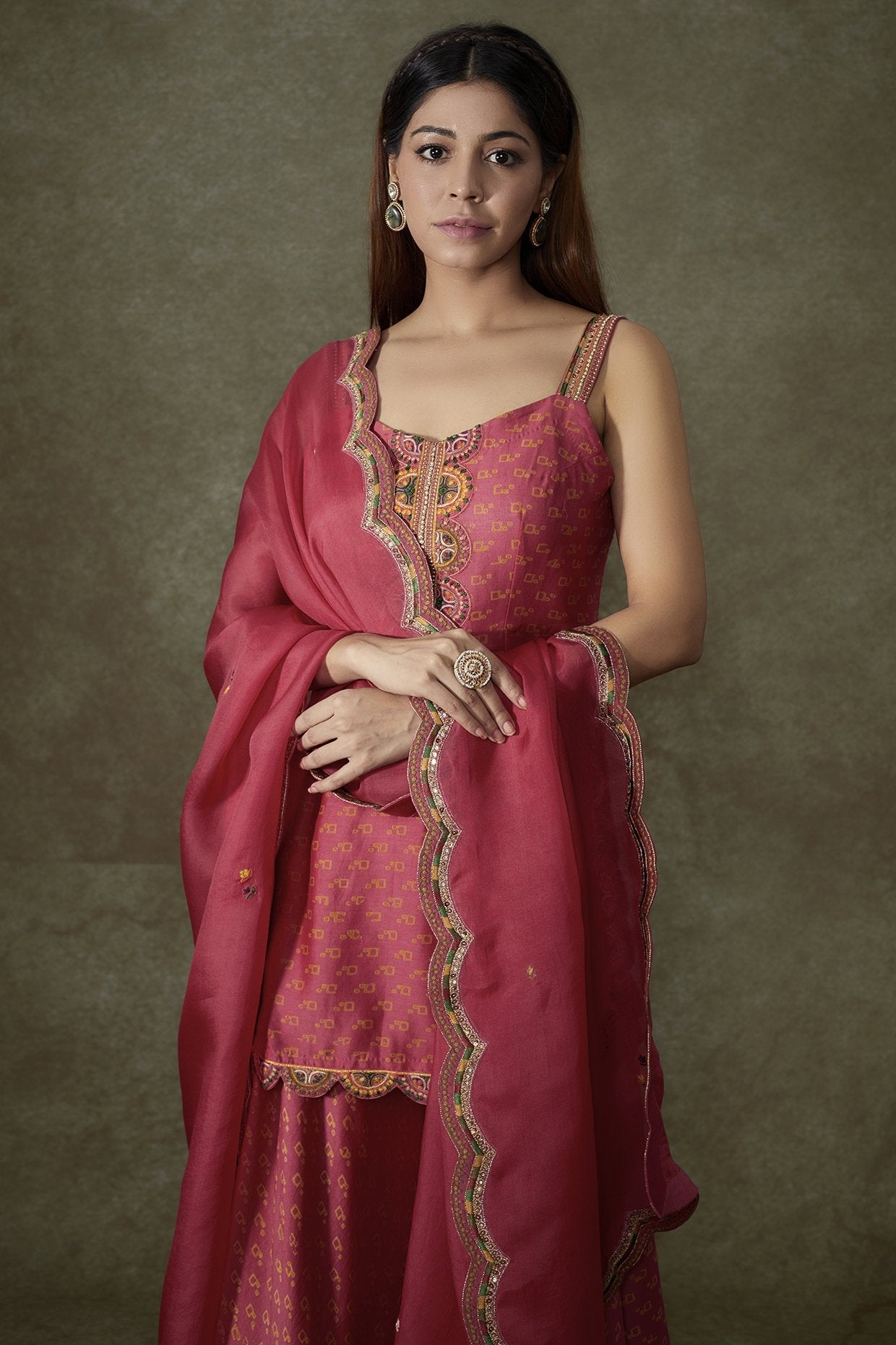 Red Chanderi Bandhani Printed Sharara Set