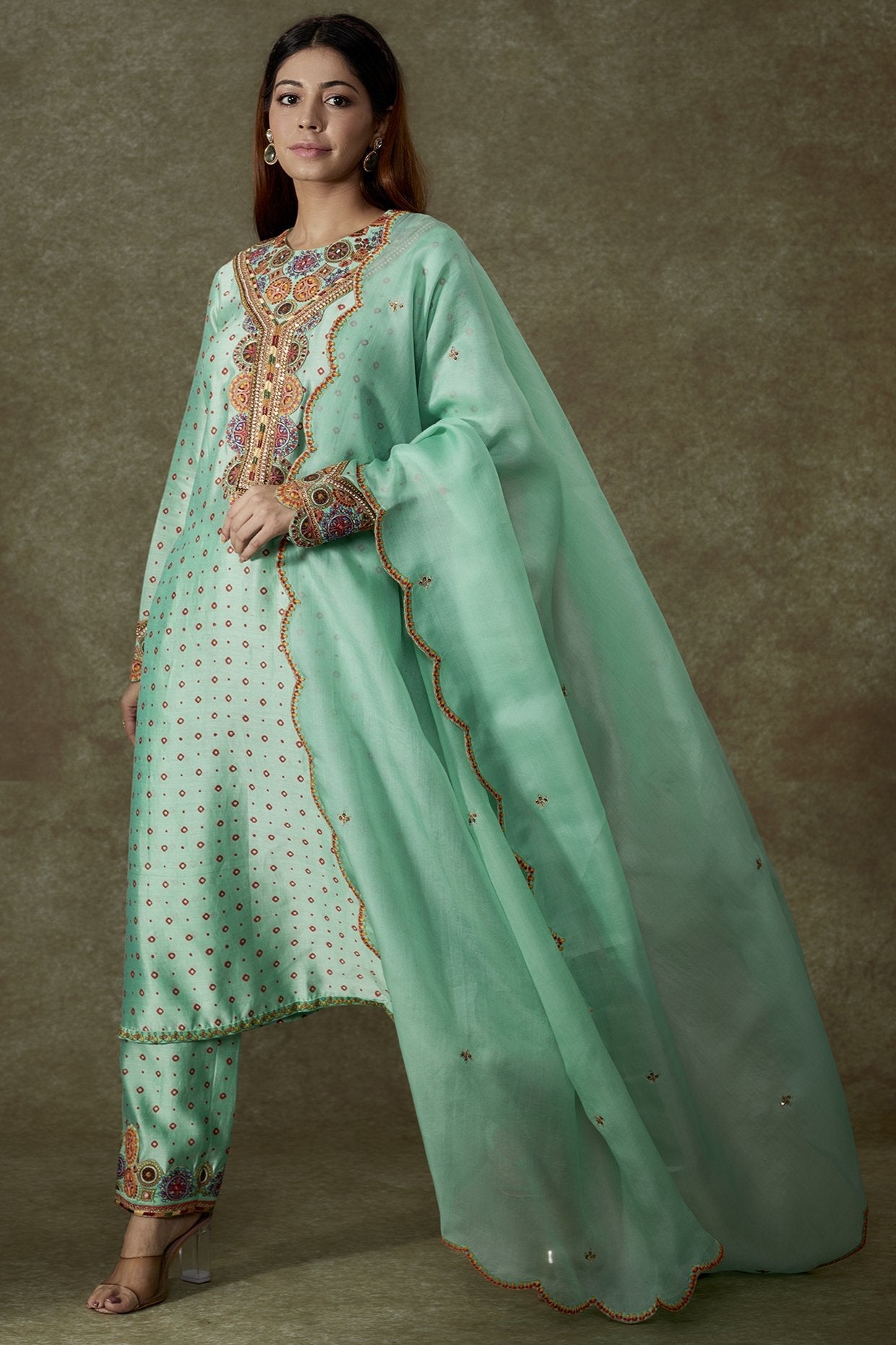 Turquoise Chanderi Bandhani Printed Kurta Set