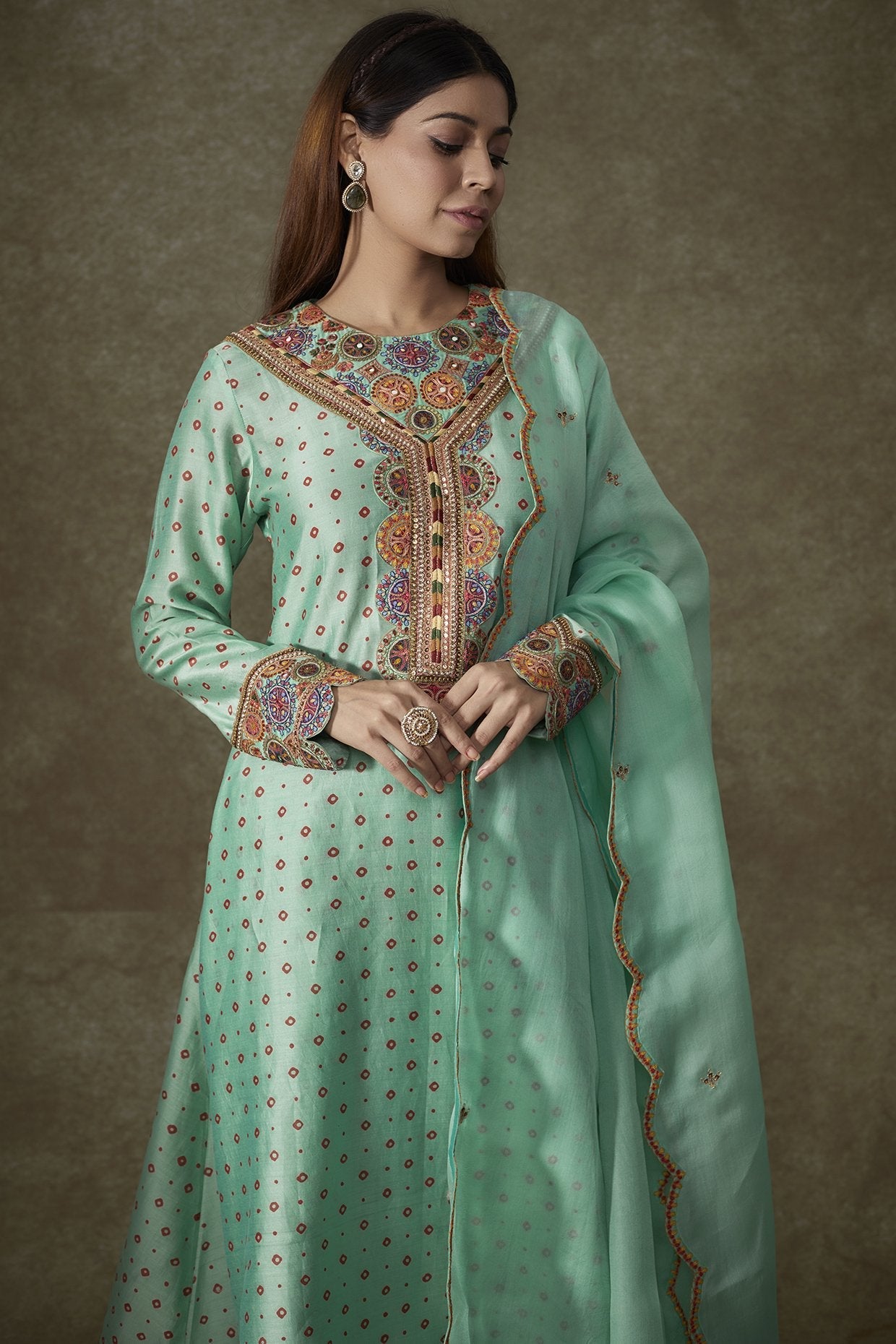 Turquoise Chanderi Bandhani Printed Kurta Set