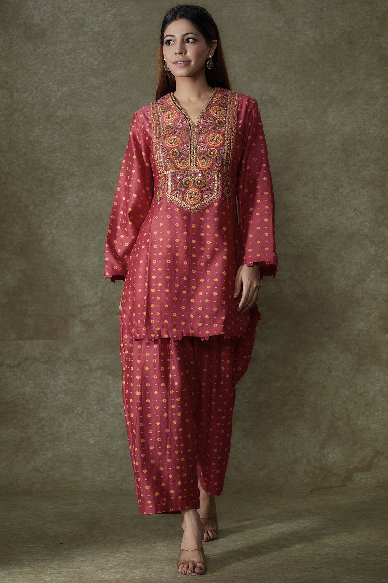 Pink Chanderi Bandhani Printed Kurta Set