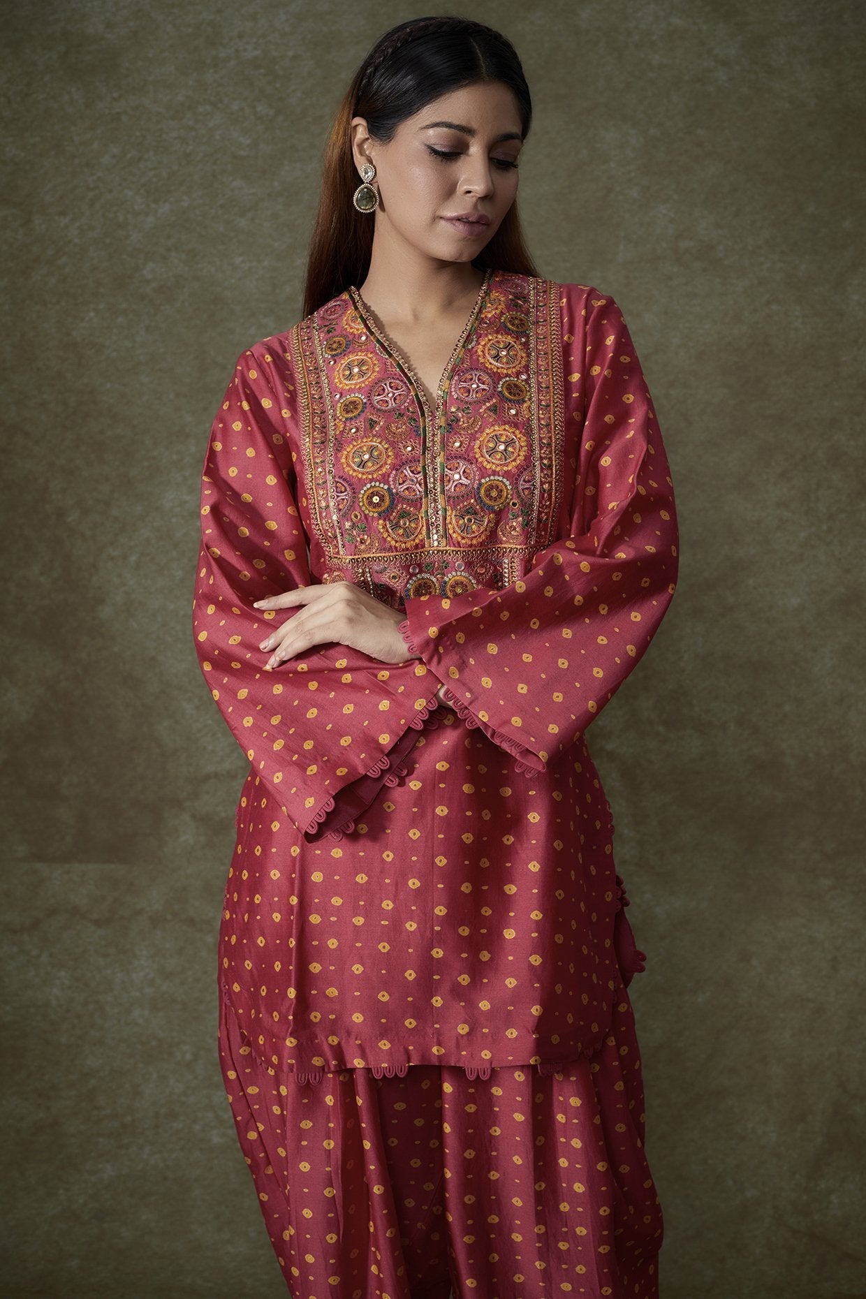 Pink Chanderi Bandhani Printed Kurta Set