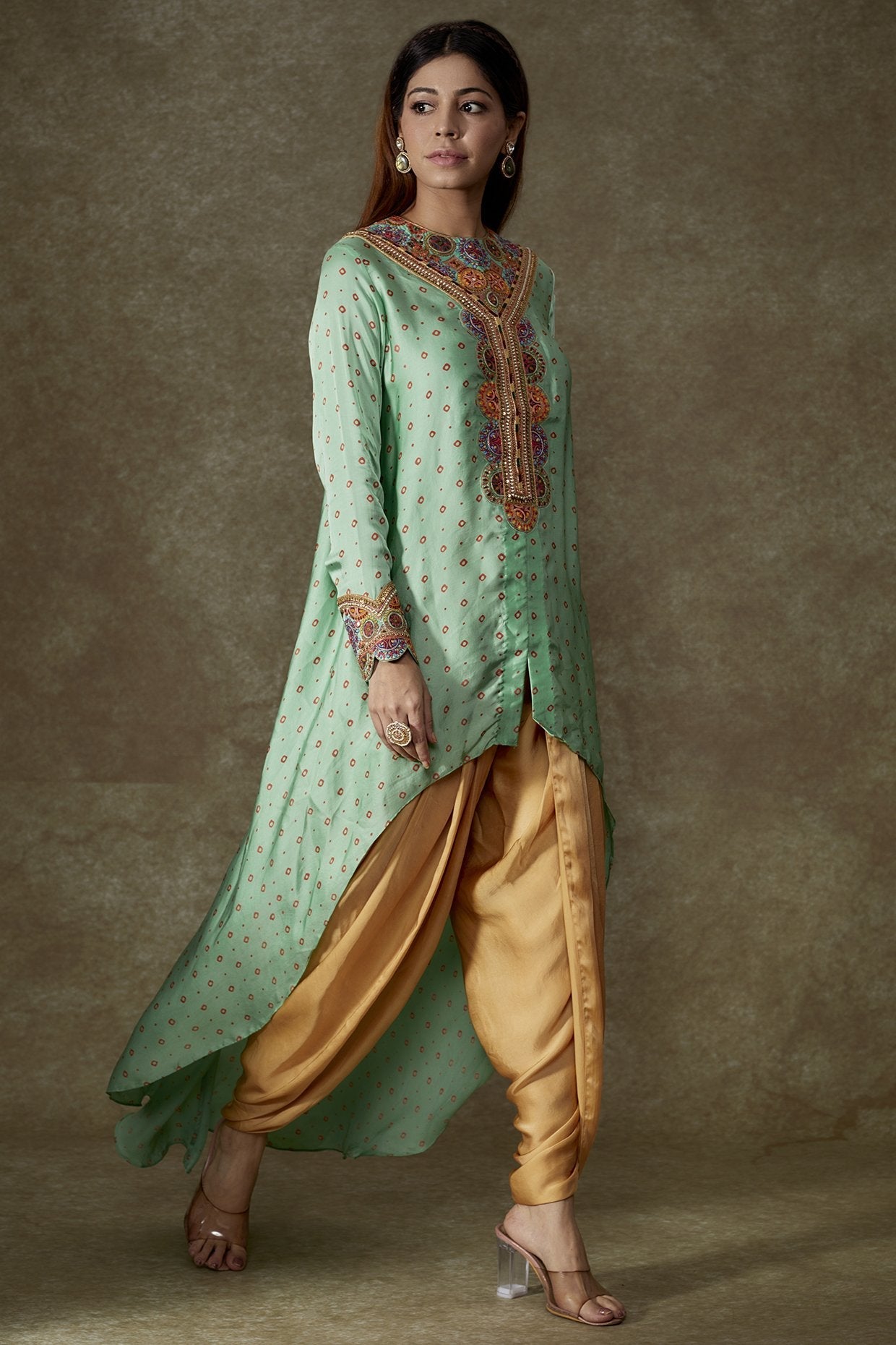 Turquoise Satin Bandhani Printed Jacket Set