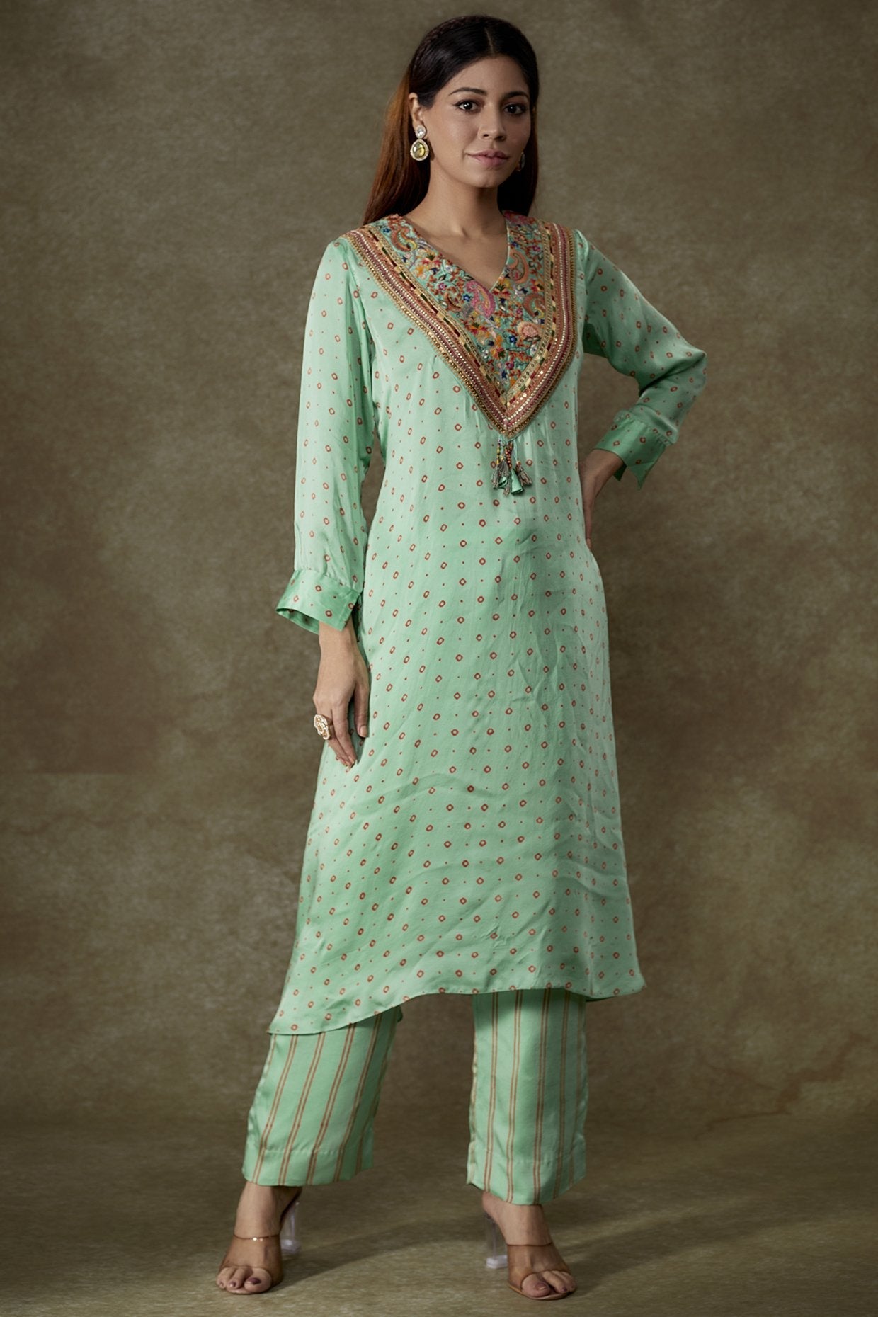 Turquoise Satin Bandhani Printed Kurta Set