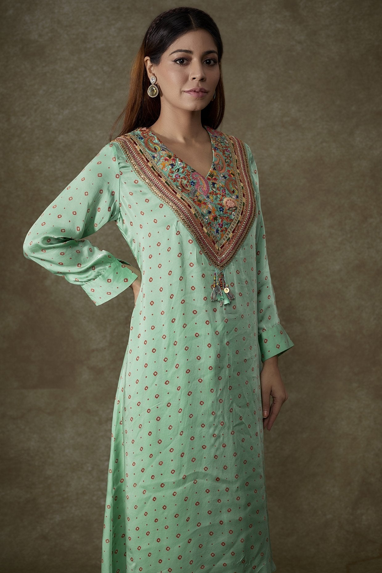Turquoise Satin Bandhani Printed Kurta Set