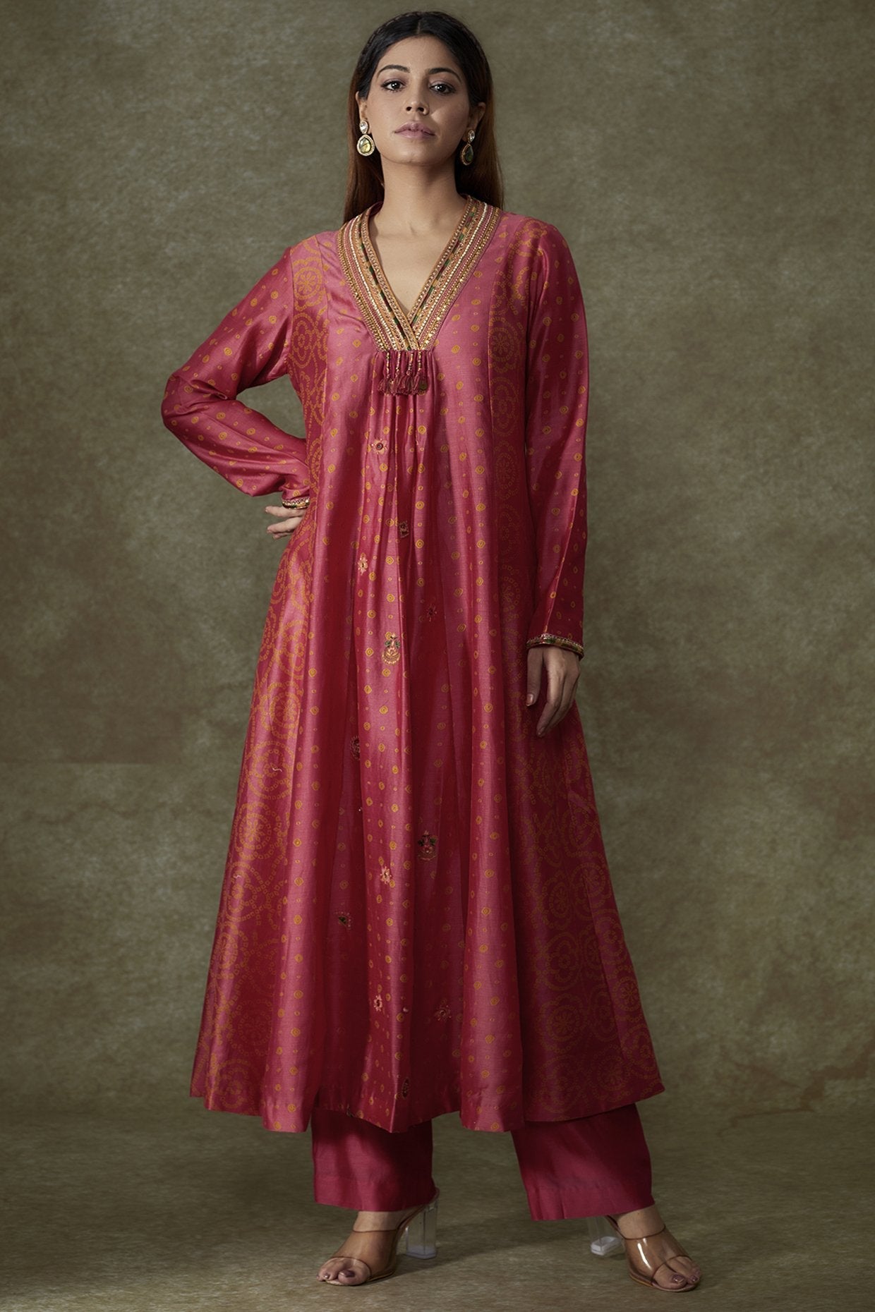 Red Chanderi Bandhani Printed Kurta Set