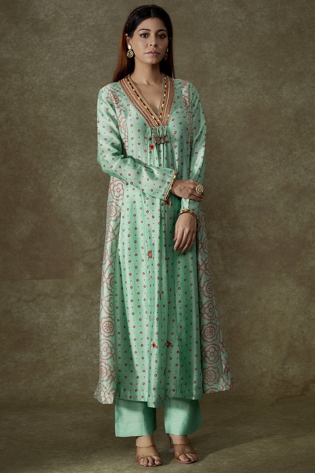 Turquoise Chanderi Bandhani Printed Kurta Set