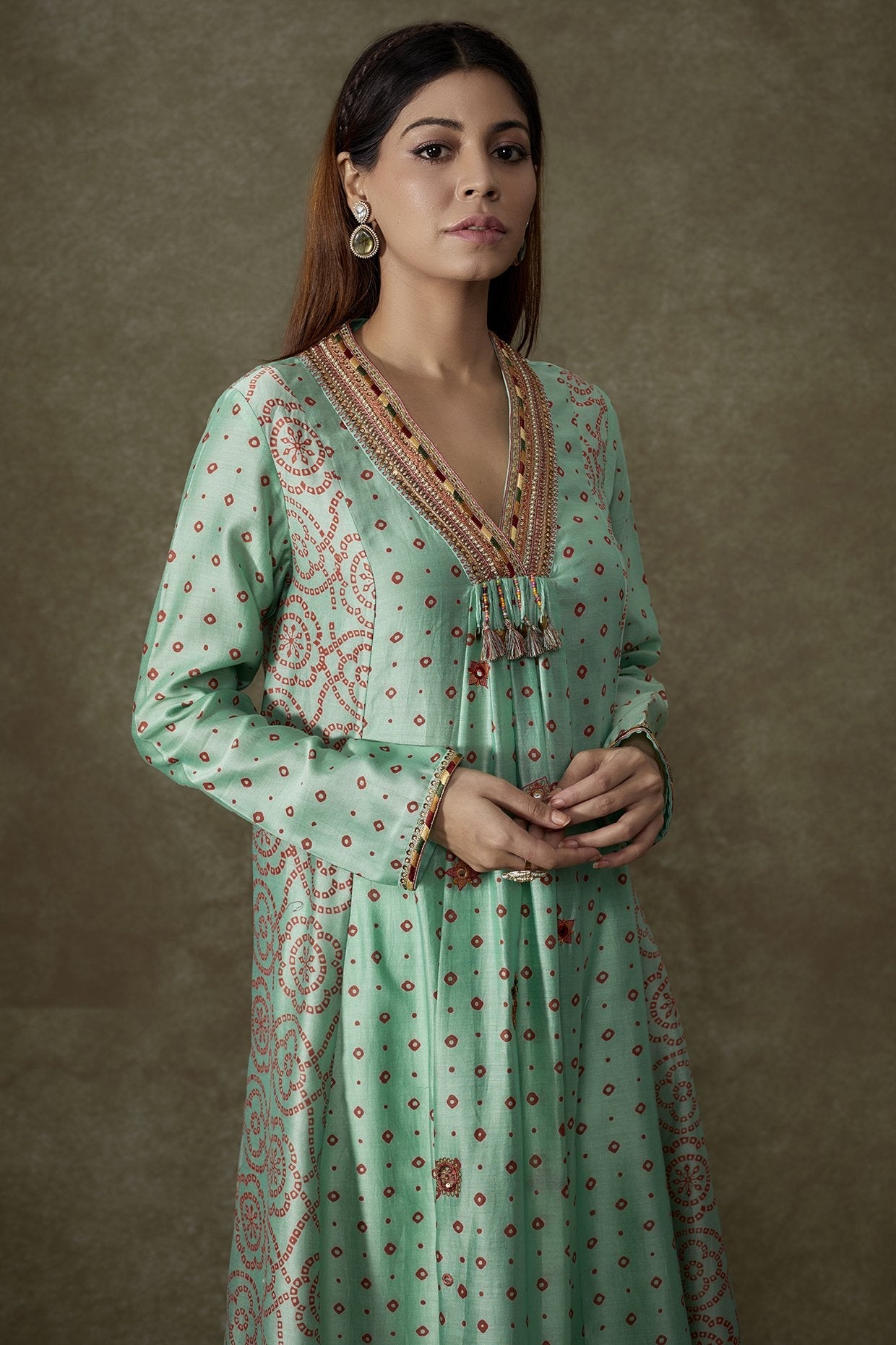 Turquoise Chanderi Bandhani Printed Kurta Set