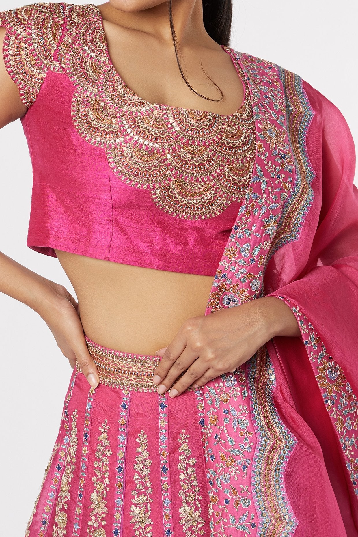 Pink Zari Embroidered Lehenga Set