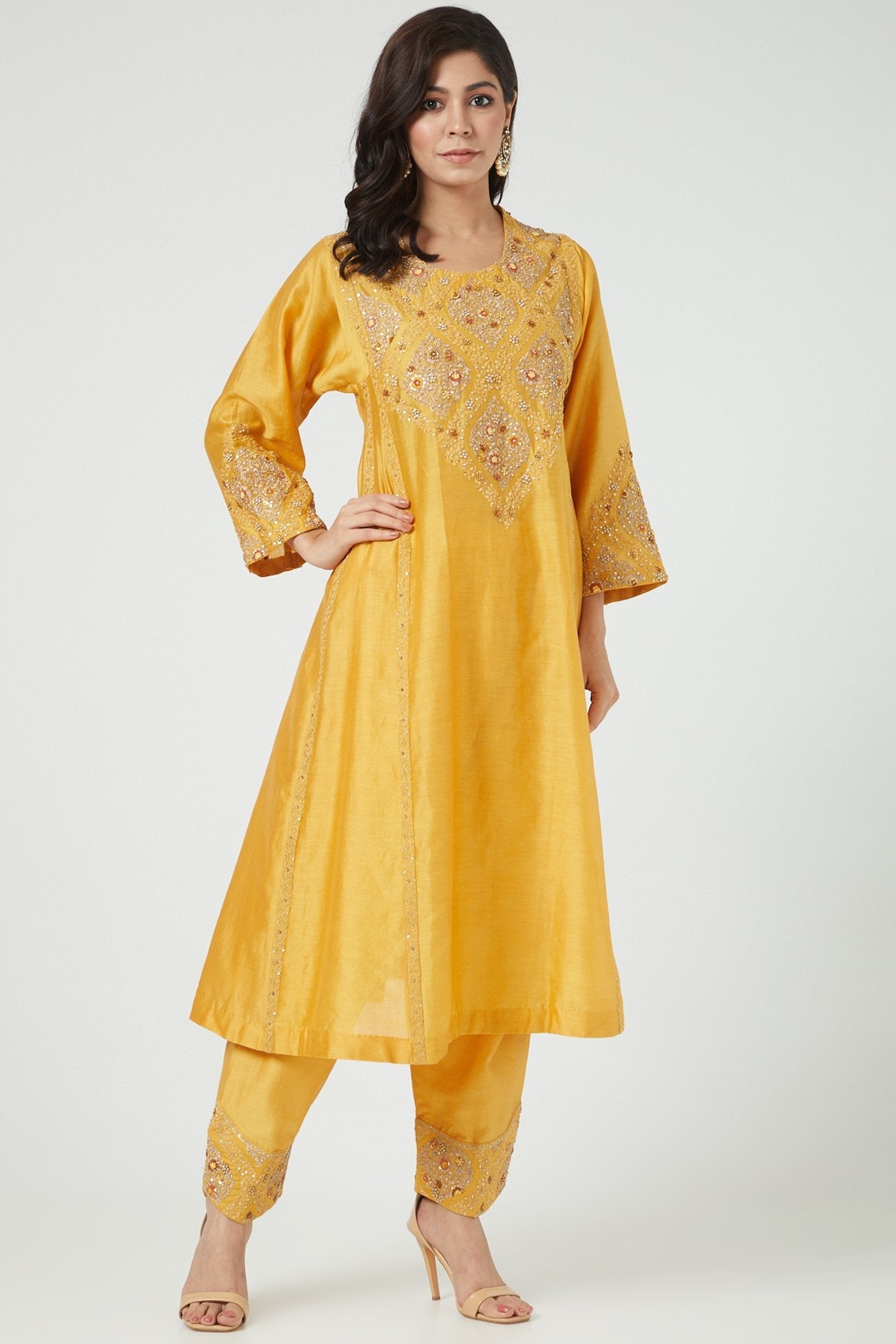 Yellow Shimmer Embroidered Kurta Set