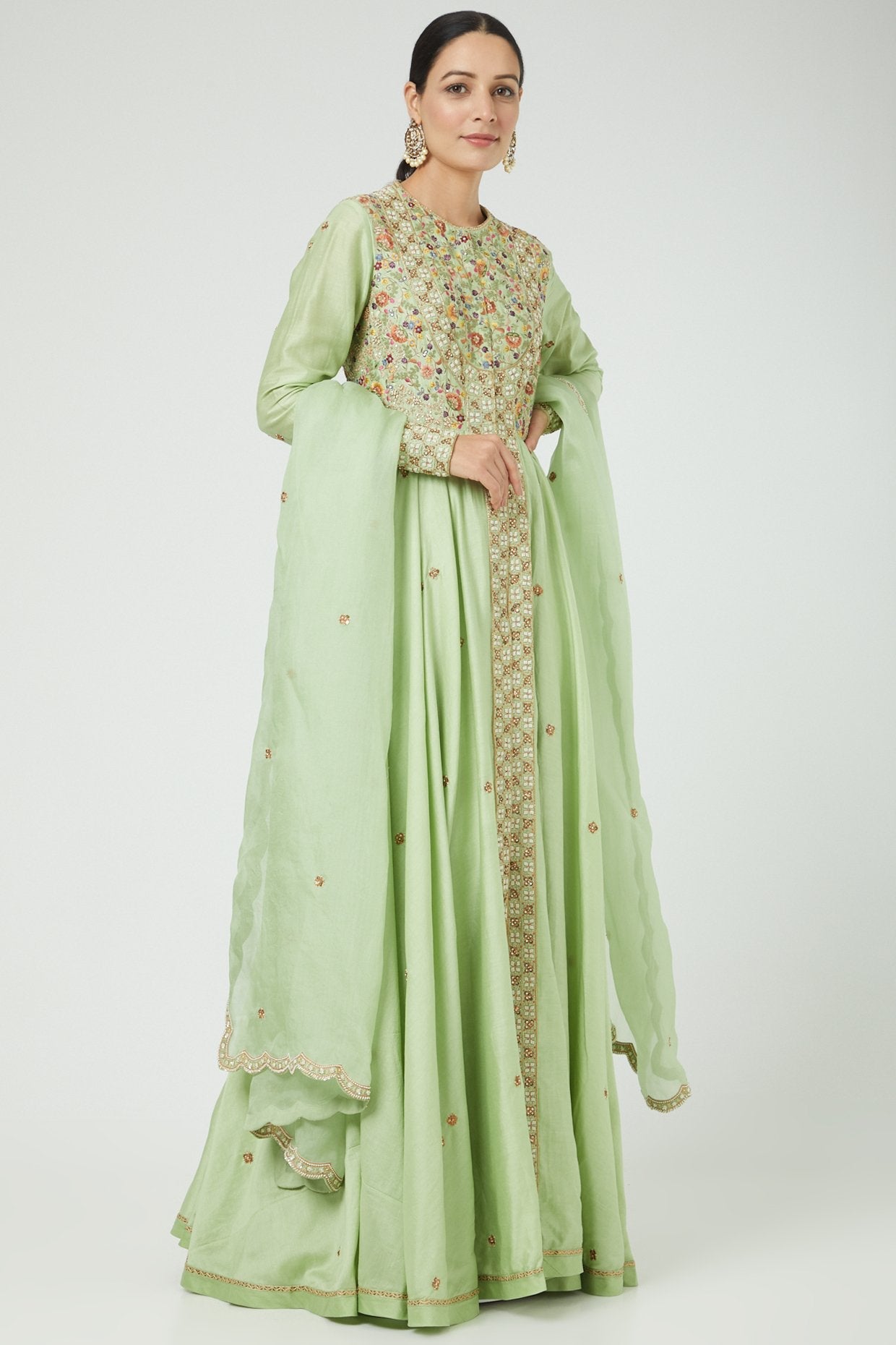 Mint Green Chanderi Kalidar Anarkali Set