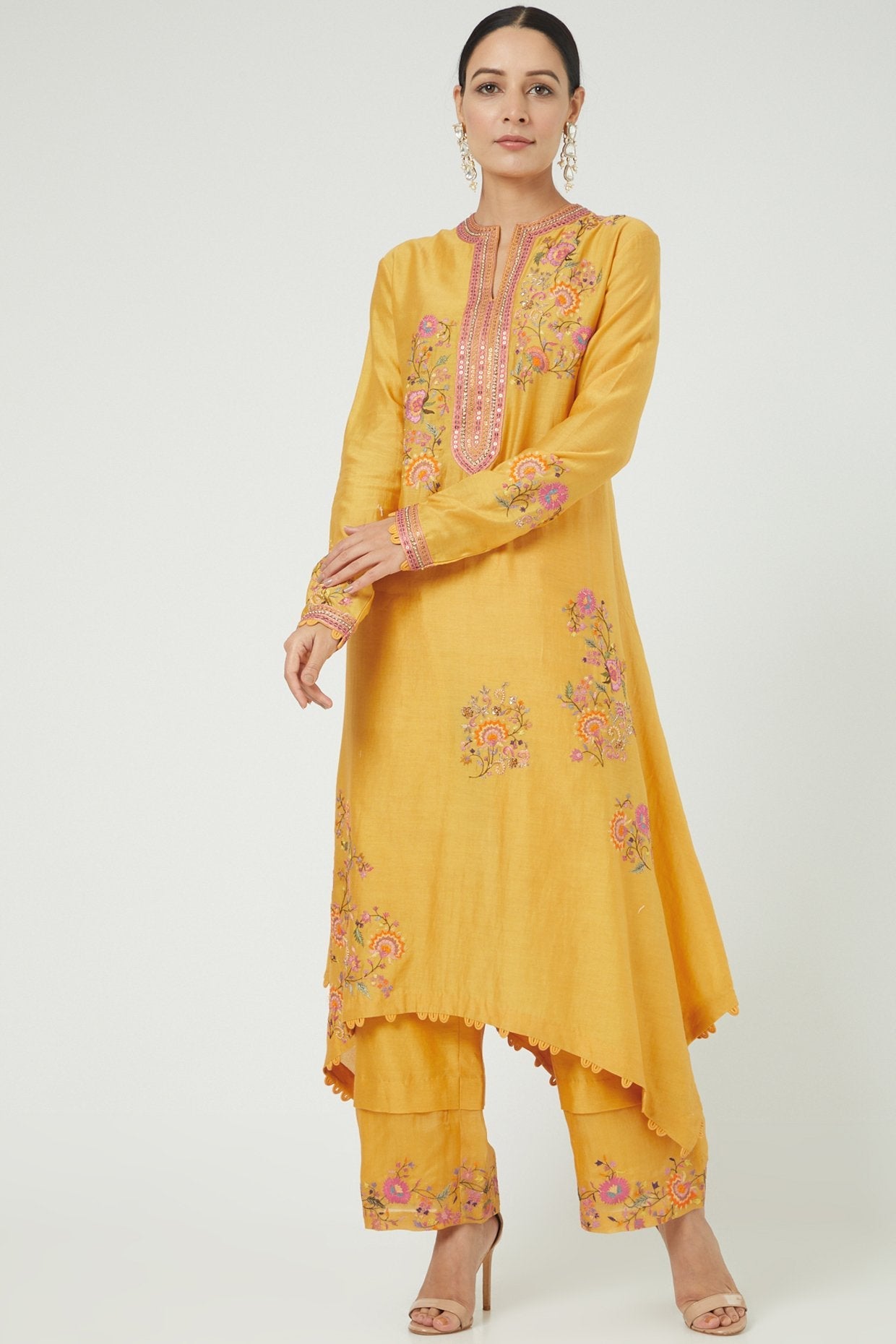 Mustard Asymmetrical Kurta Set With Embroidery
