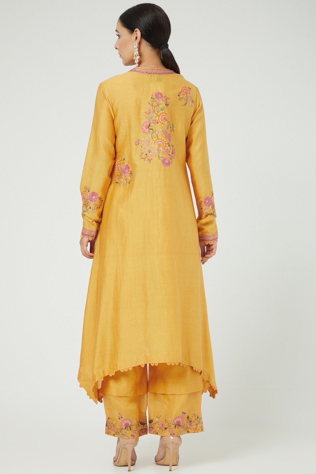 Mustard Asymmetrical Kurta Set With Embroidery