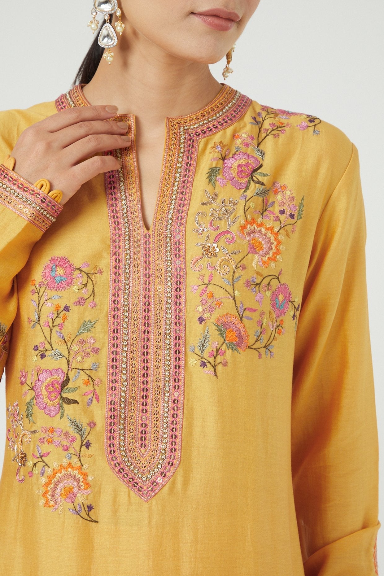 Mustard Asymmetrical Kurta Set With Embroidery