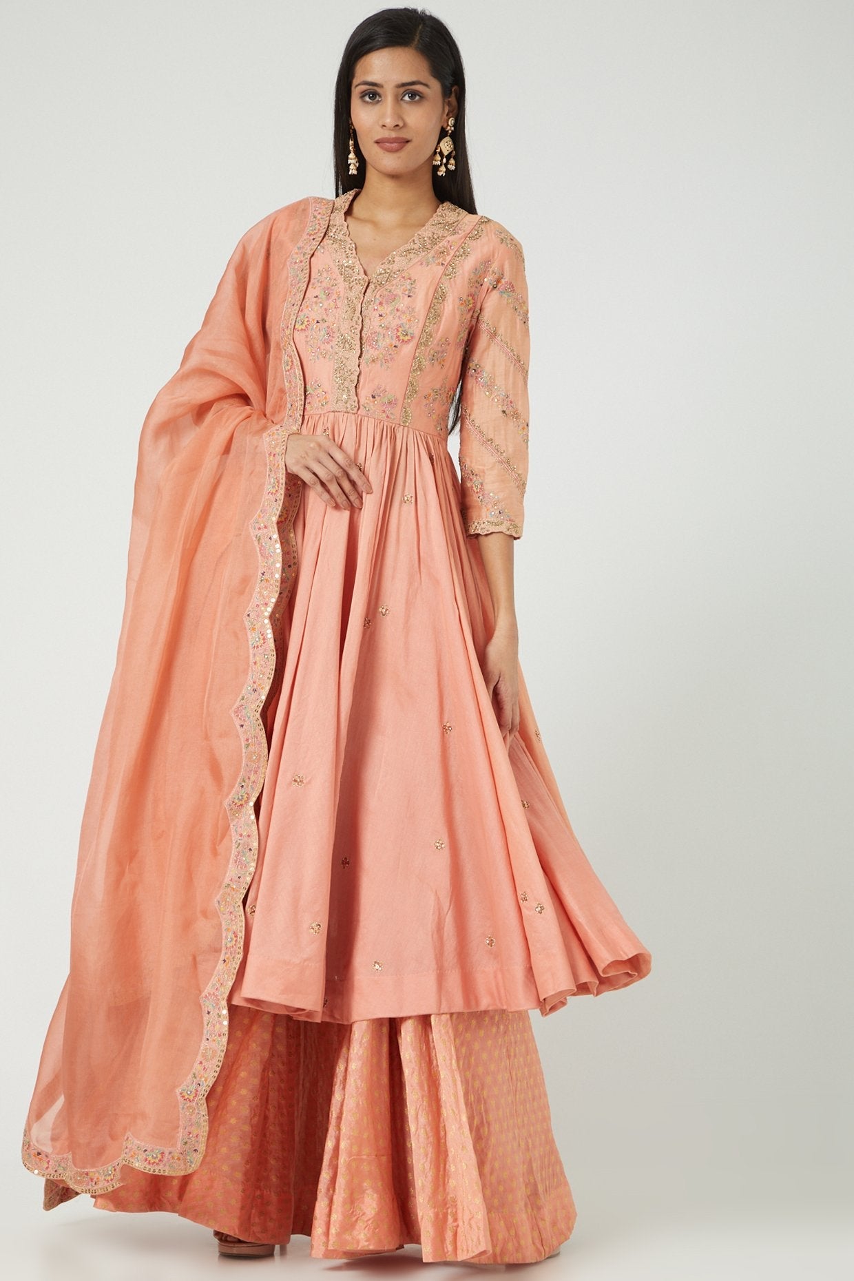 Peach & Gold Brocade Sharara Set