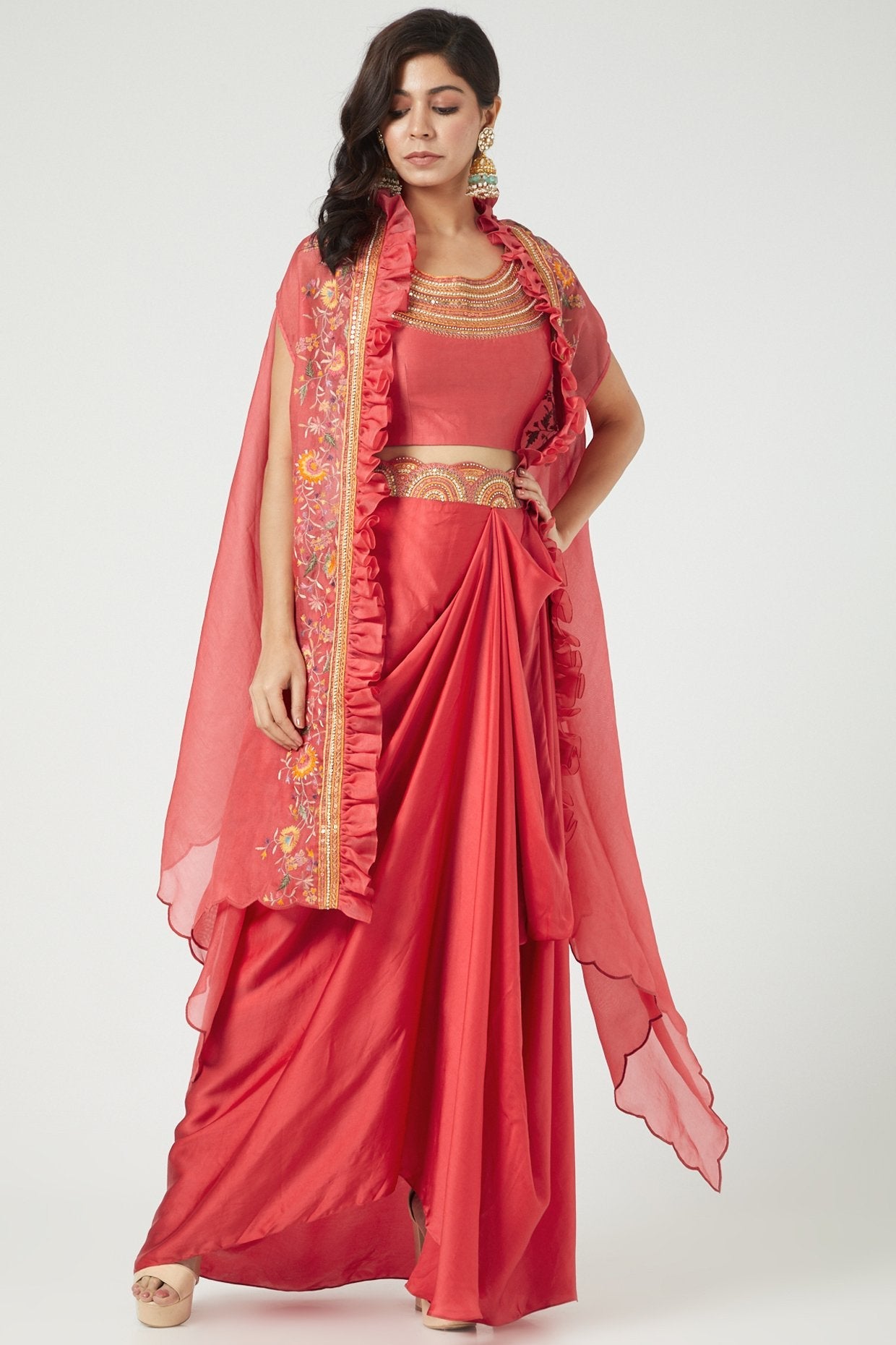 Pink Satin Draped Skirt Set