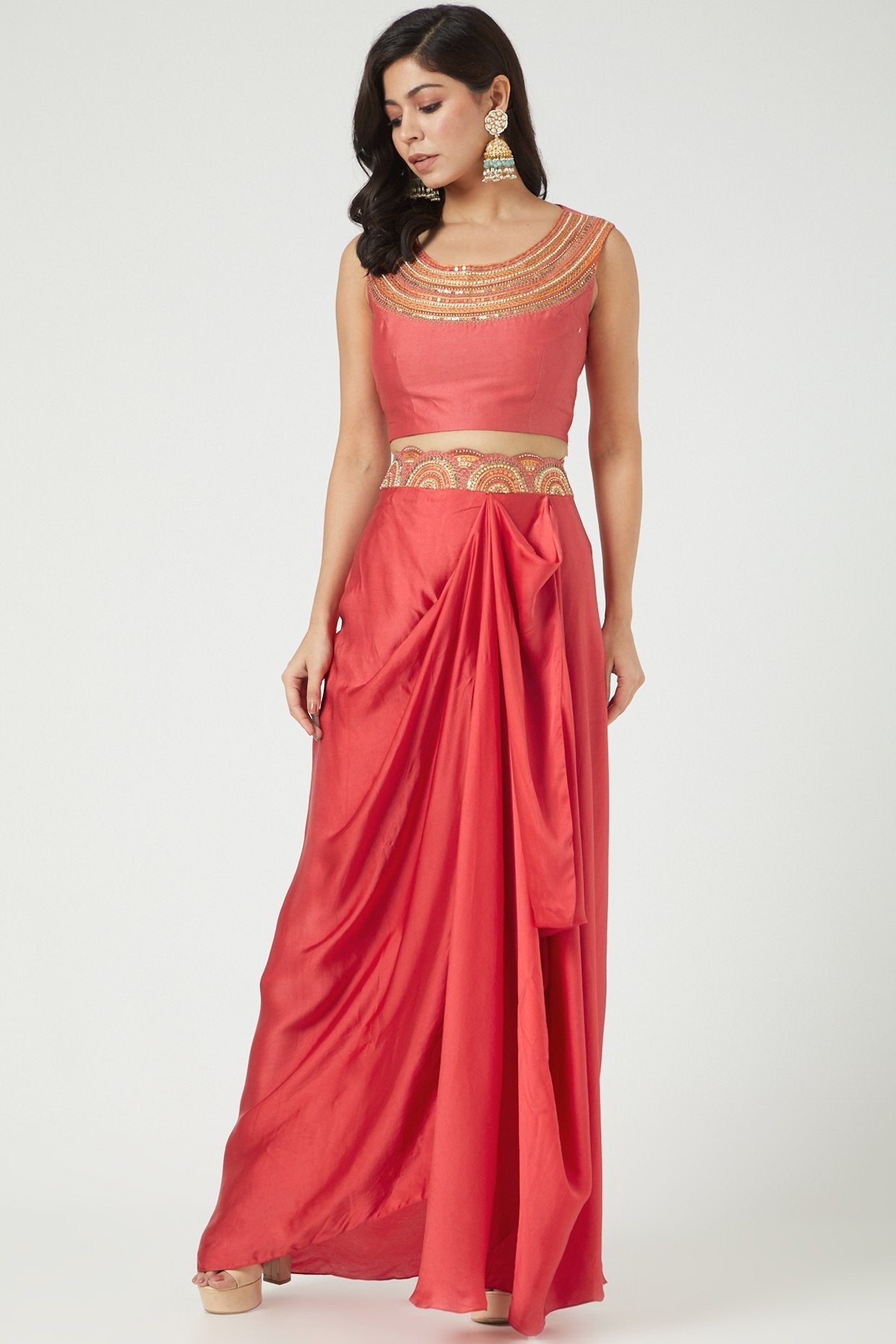 Pink Satin Draped Skirt Set