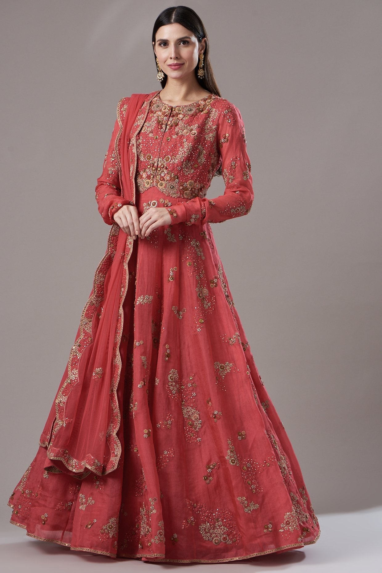 Red Organza Shimmer Kalidar Anarkali Set