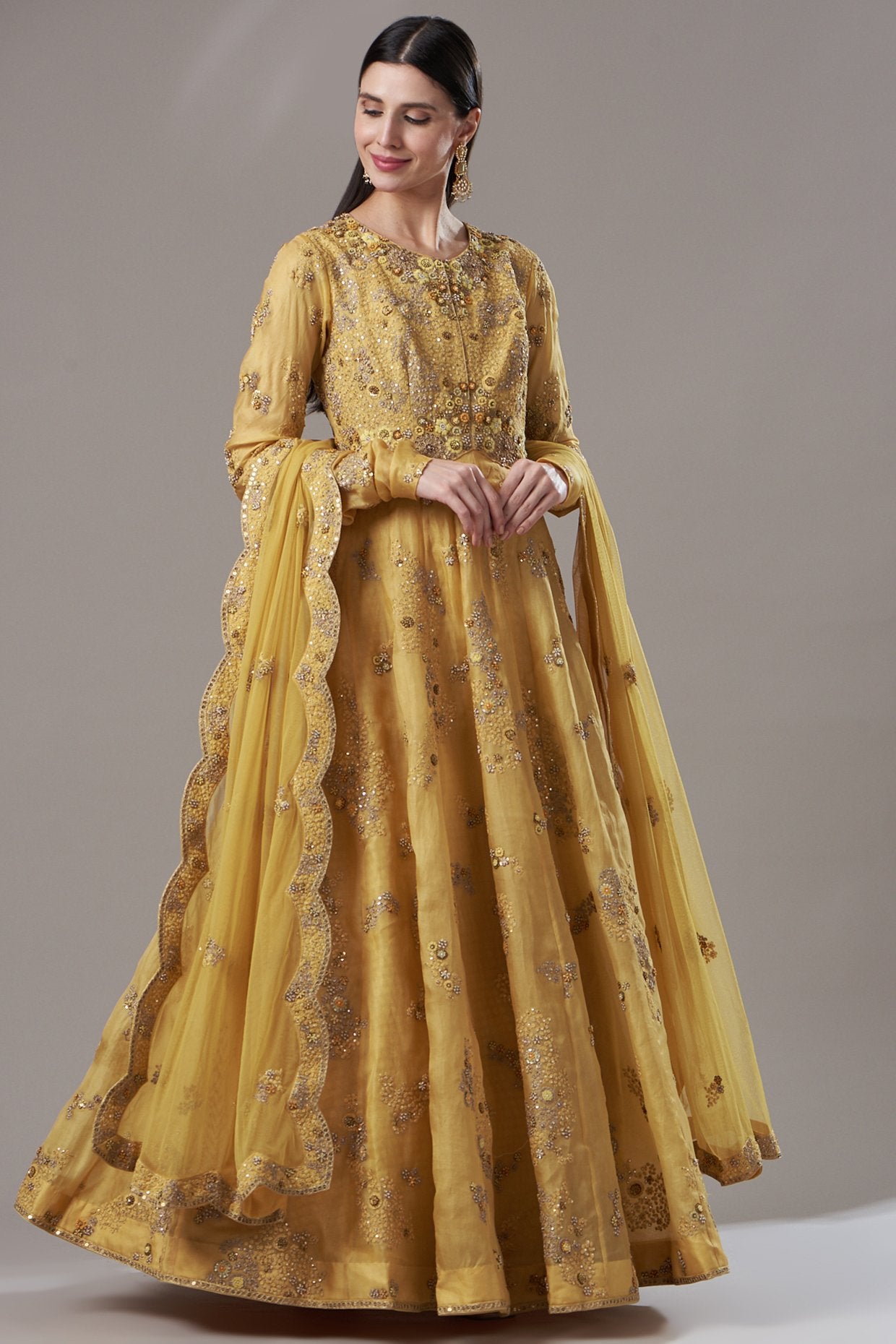 Yellow Organza Shimmer Anarkali Set