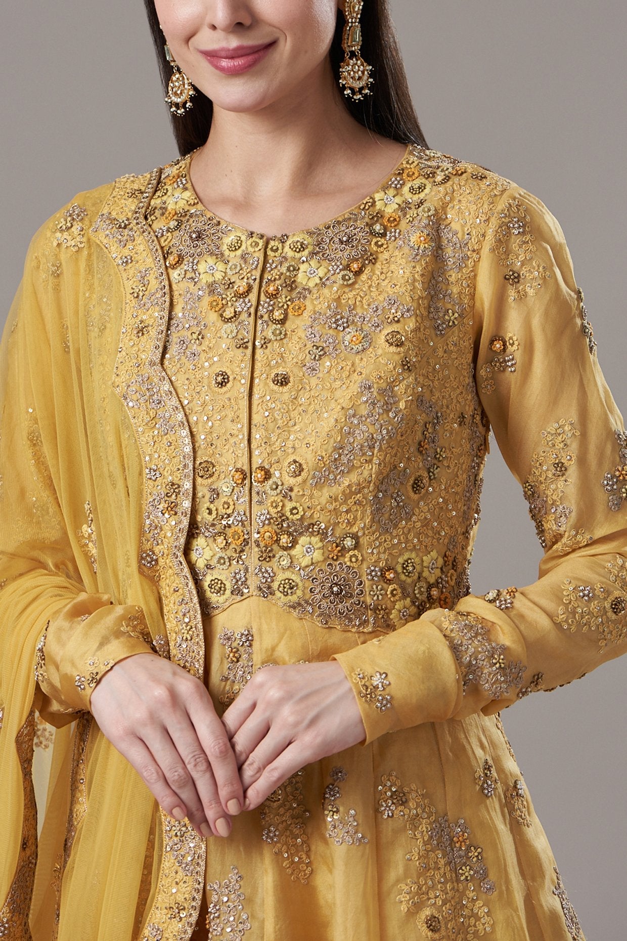 Yellow Organza Shimmer Anarkali Set