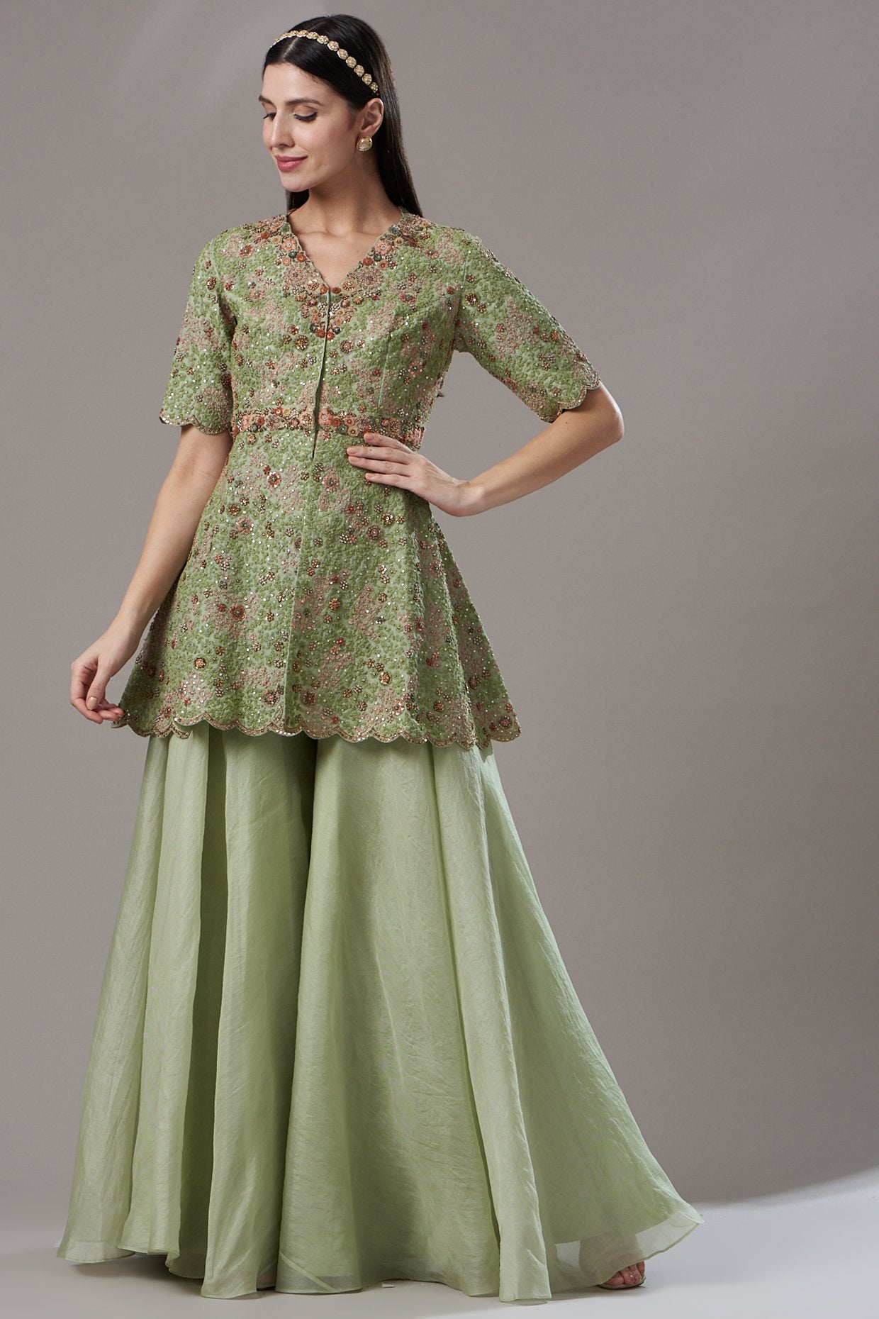 Olive Green Organza Sharara Set