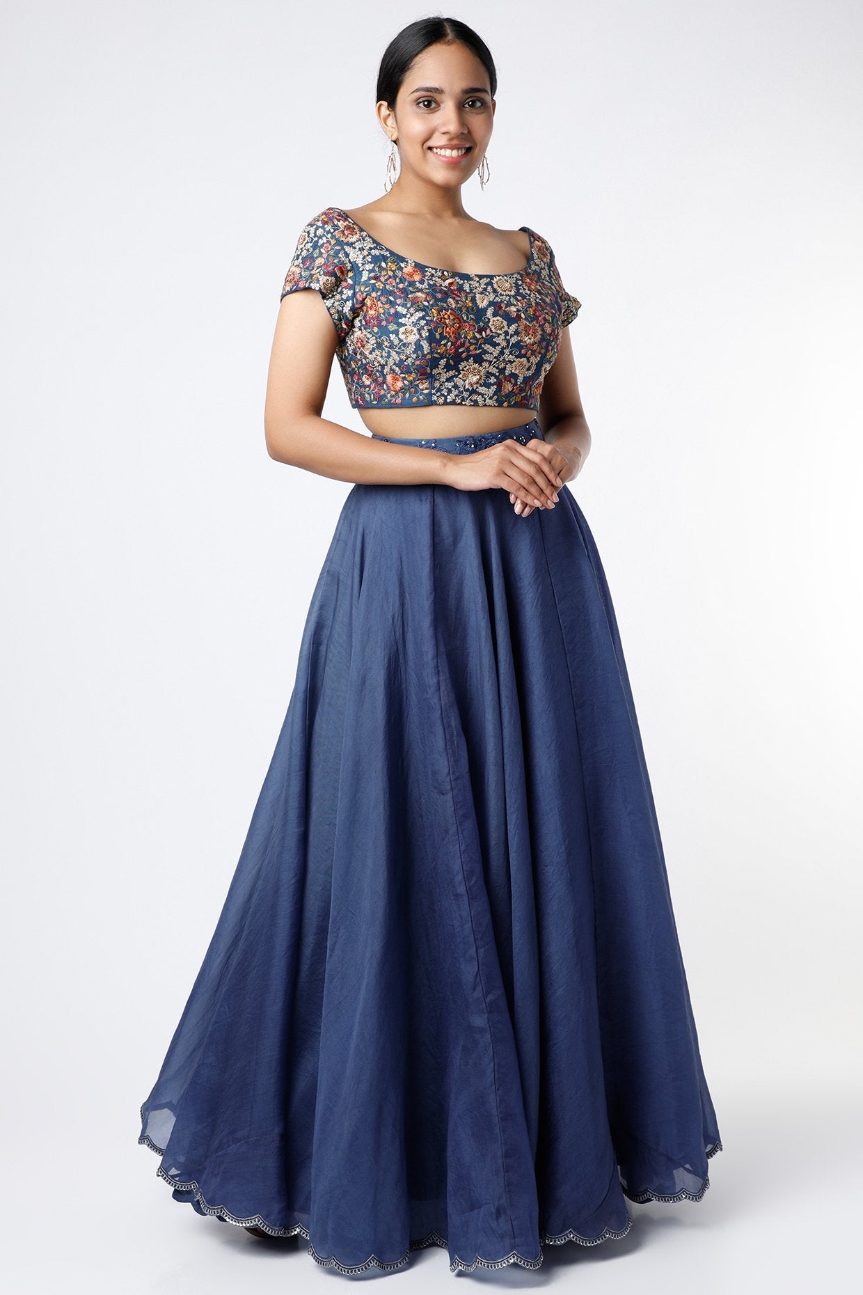 Midnight Blue Skirt With Embroidered Blouse