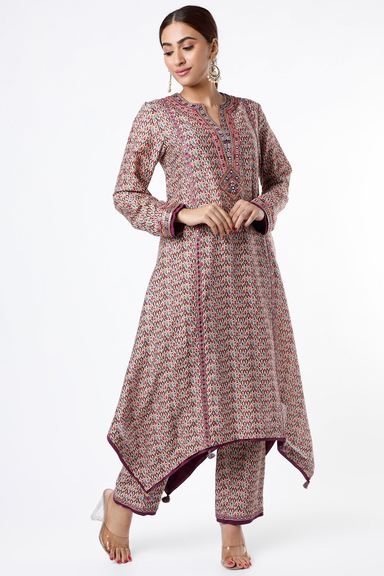 Beige Mirror Embroidered Kurta Set