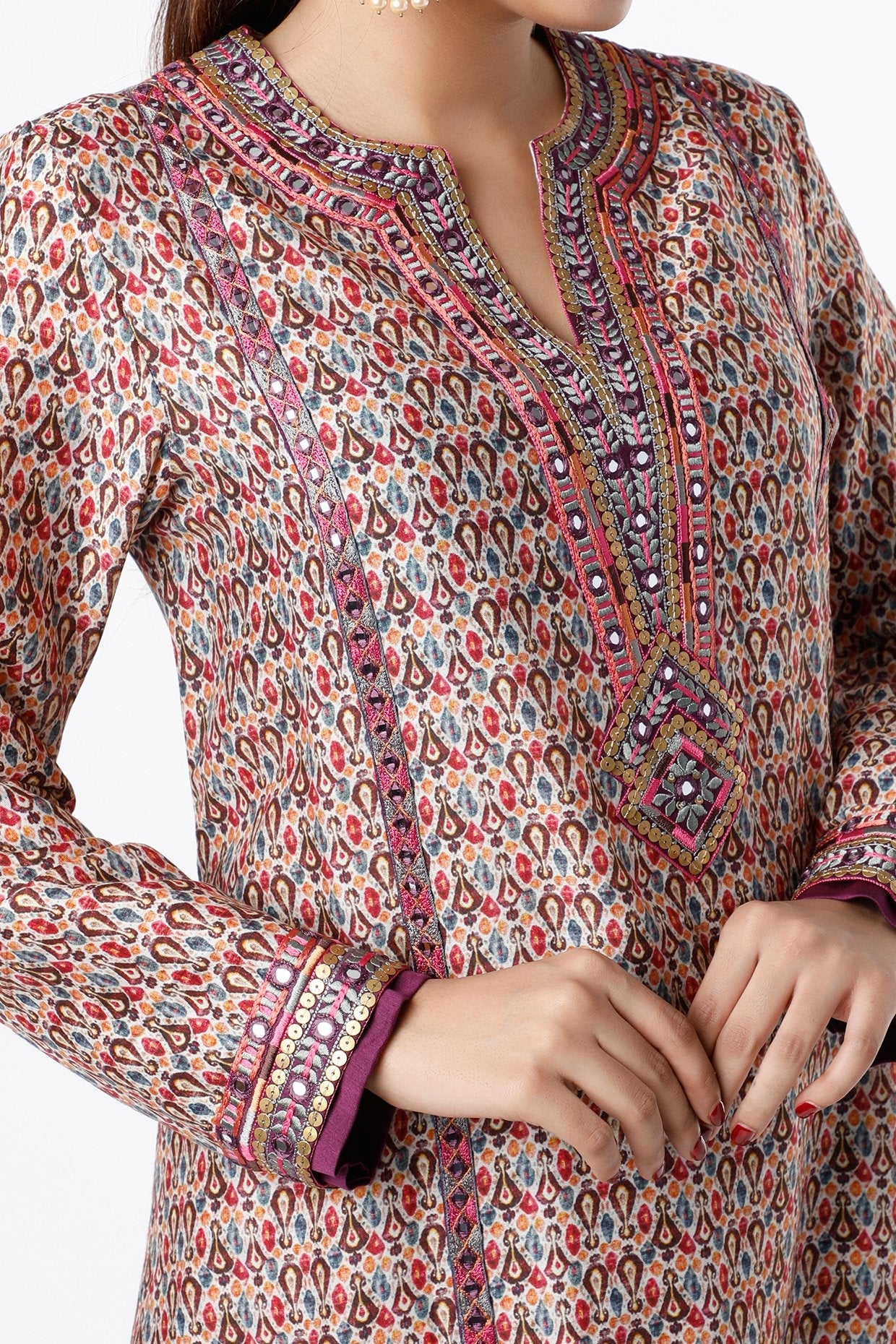 Beige Mirror Embroidered Kurta Set