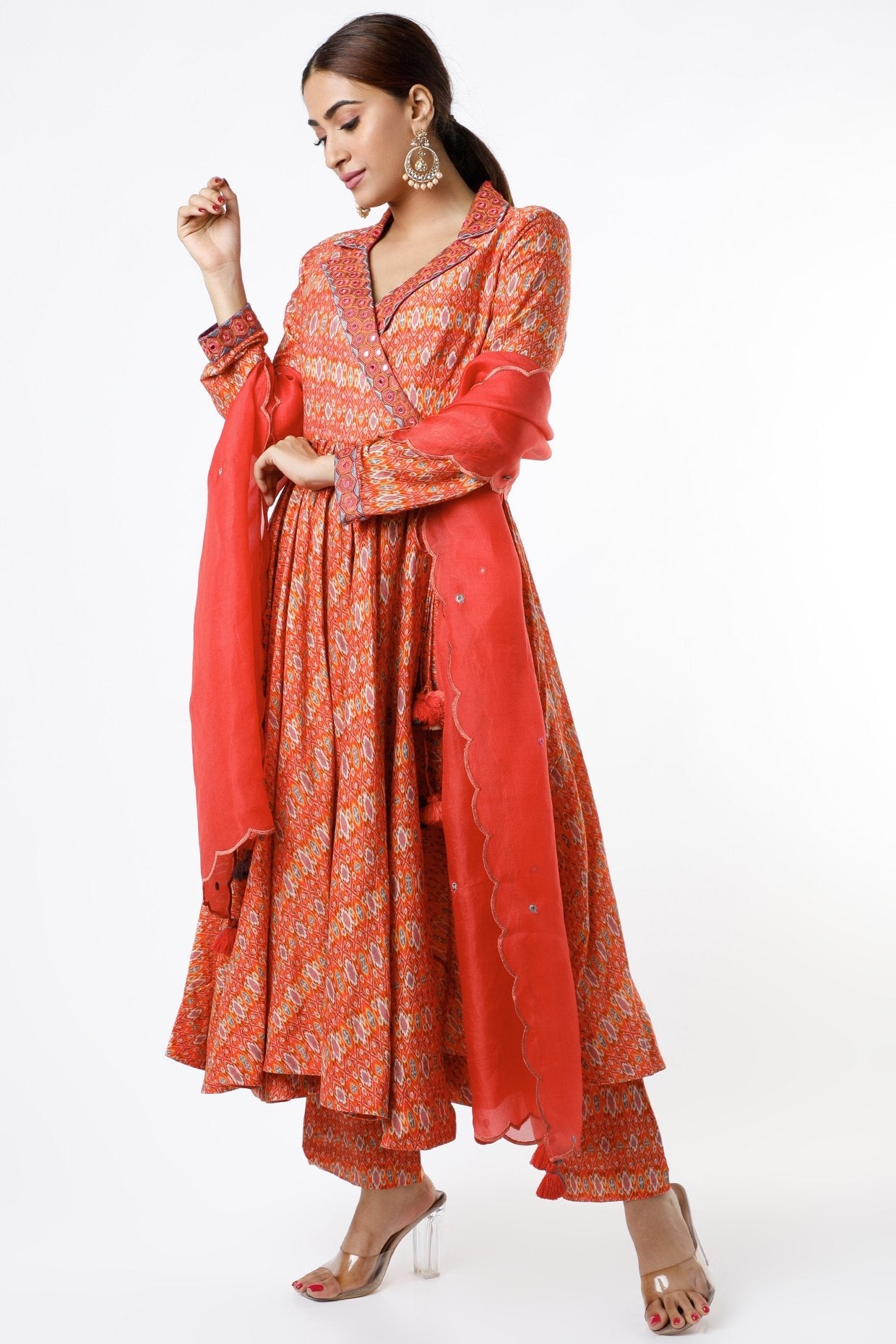 Orange Mirror Embroidered Angrakha Kurta Set