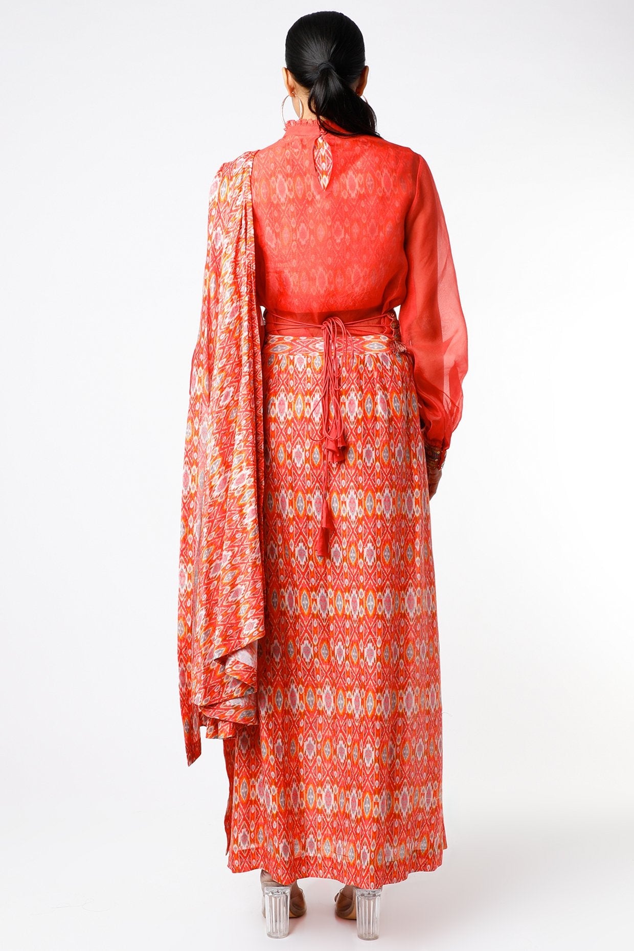 Red Chanderi Draped Saree Set