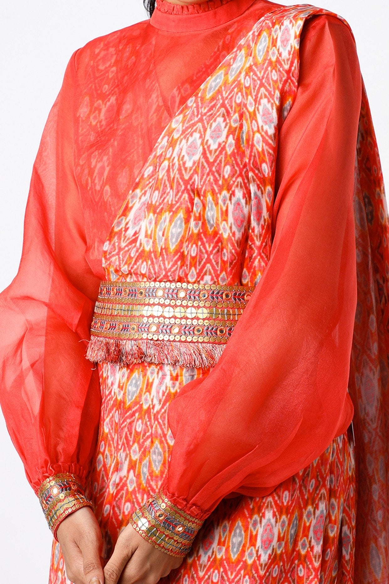 Red Chanderi Draped Saree Set