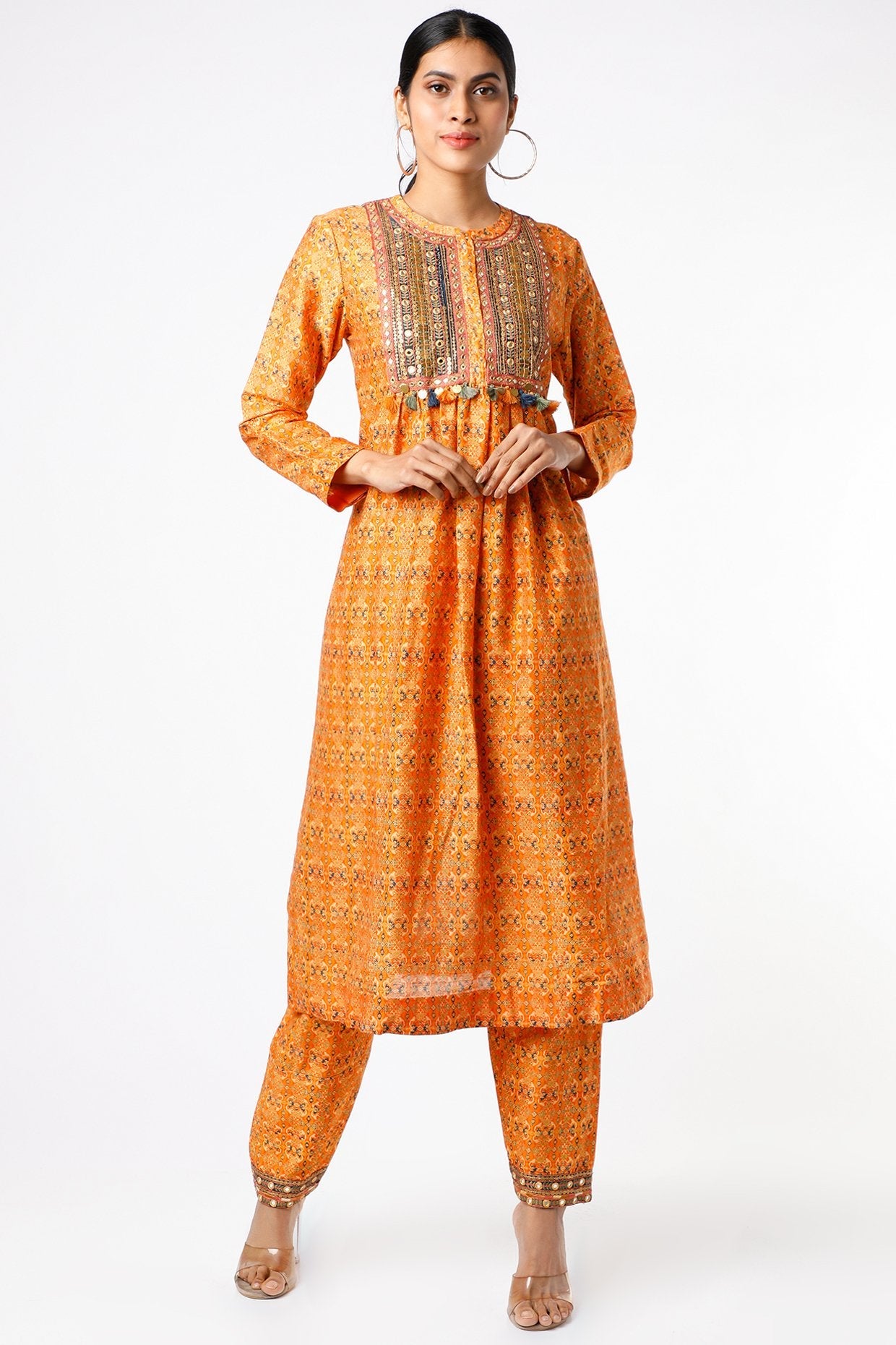 Orange Chanderi Gathered Kurta Set