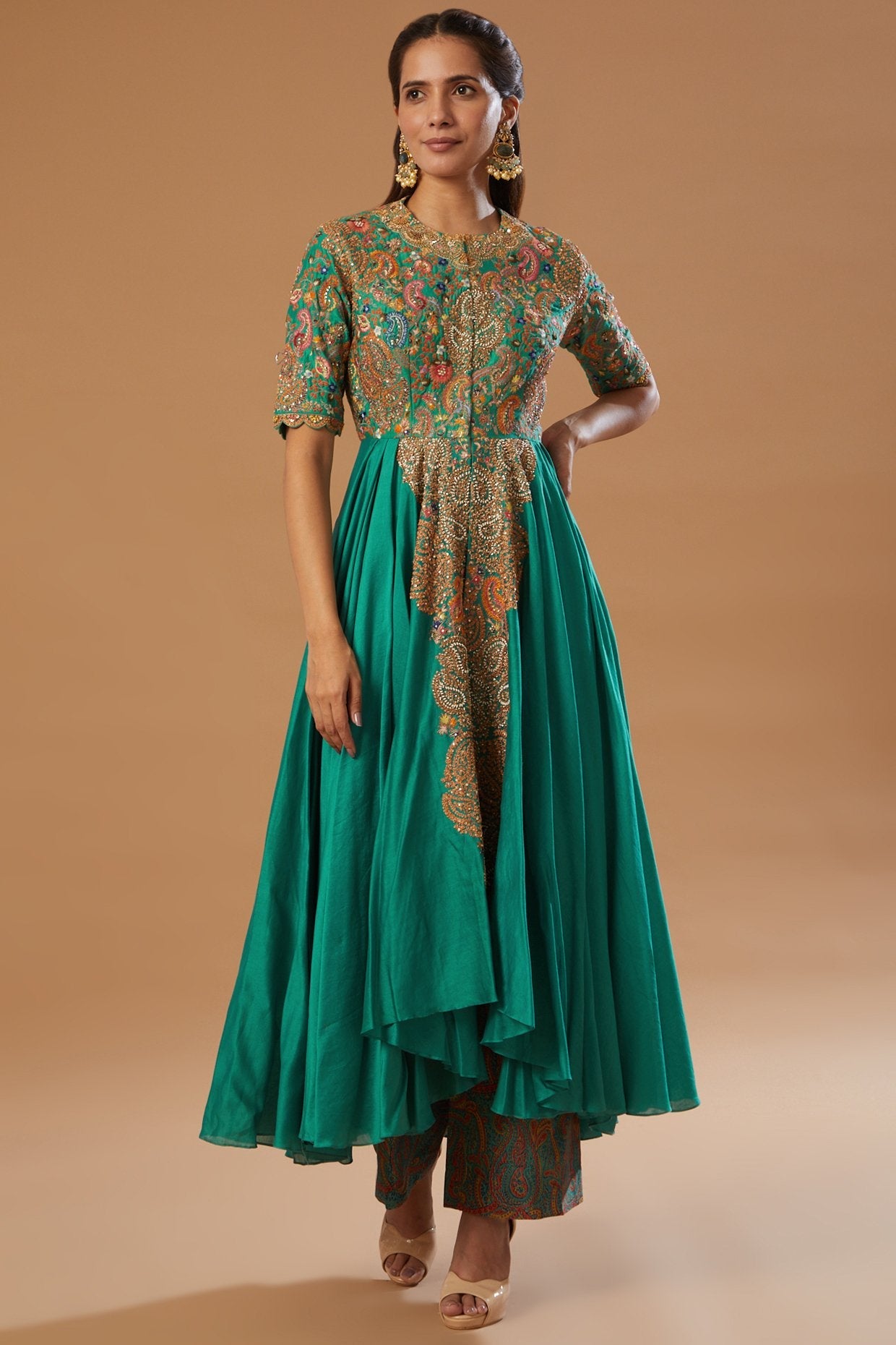 Green Embroidered Kalidar Anarkali Set