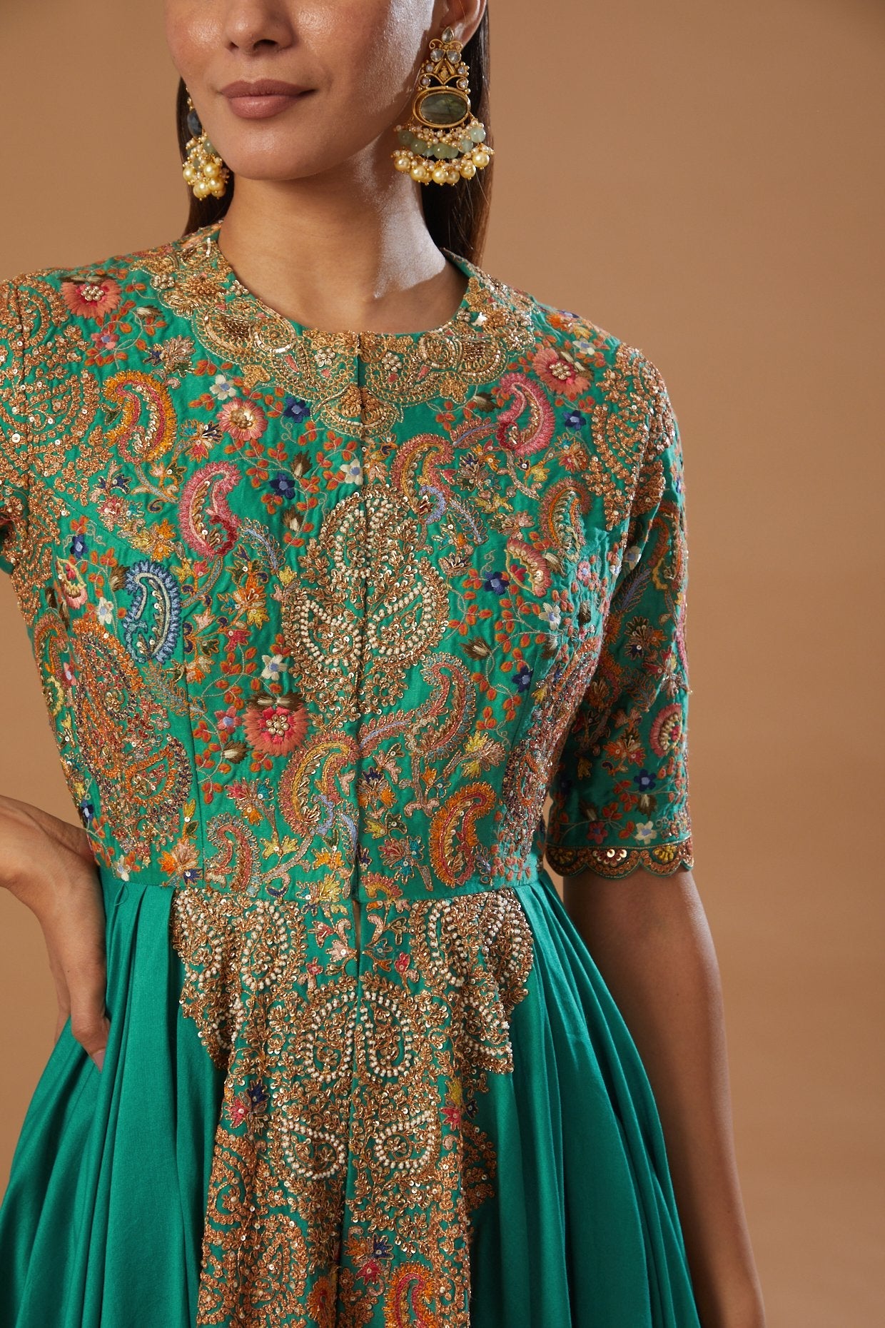 Green Embroidered Kalidar Anarkali Set