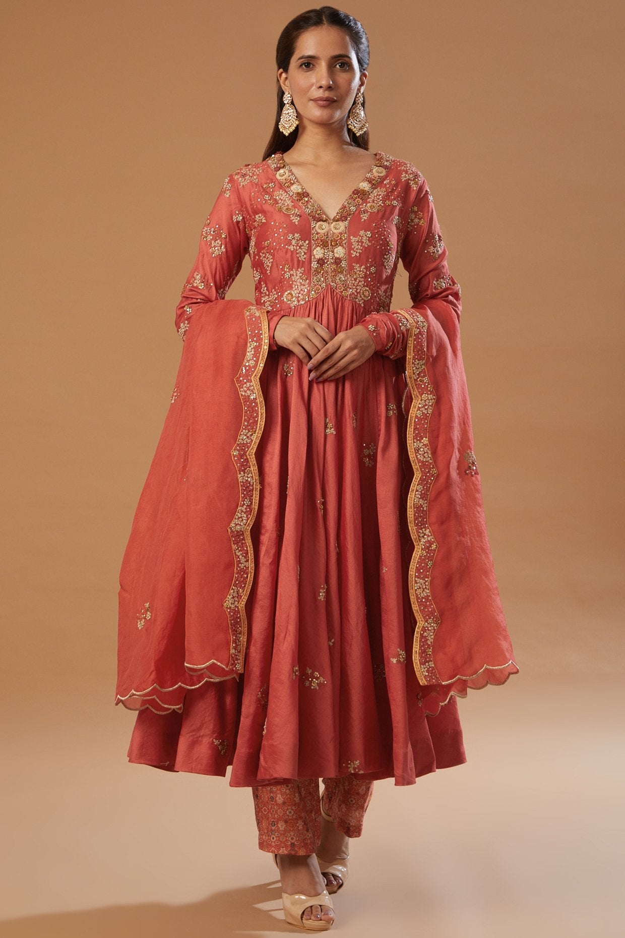 Rust Embroidered Kalidar Anarkali Set