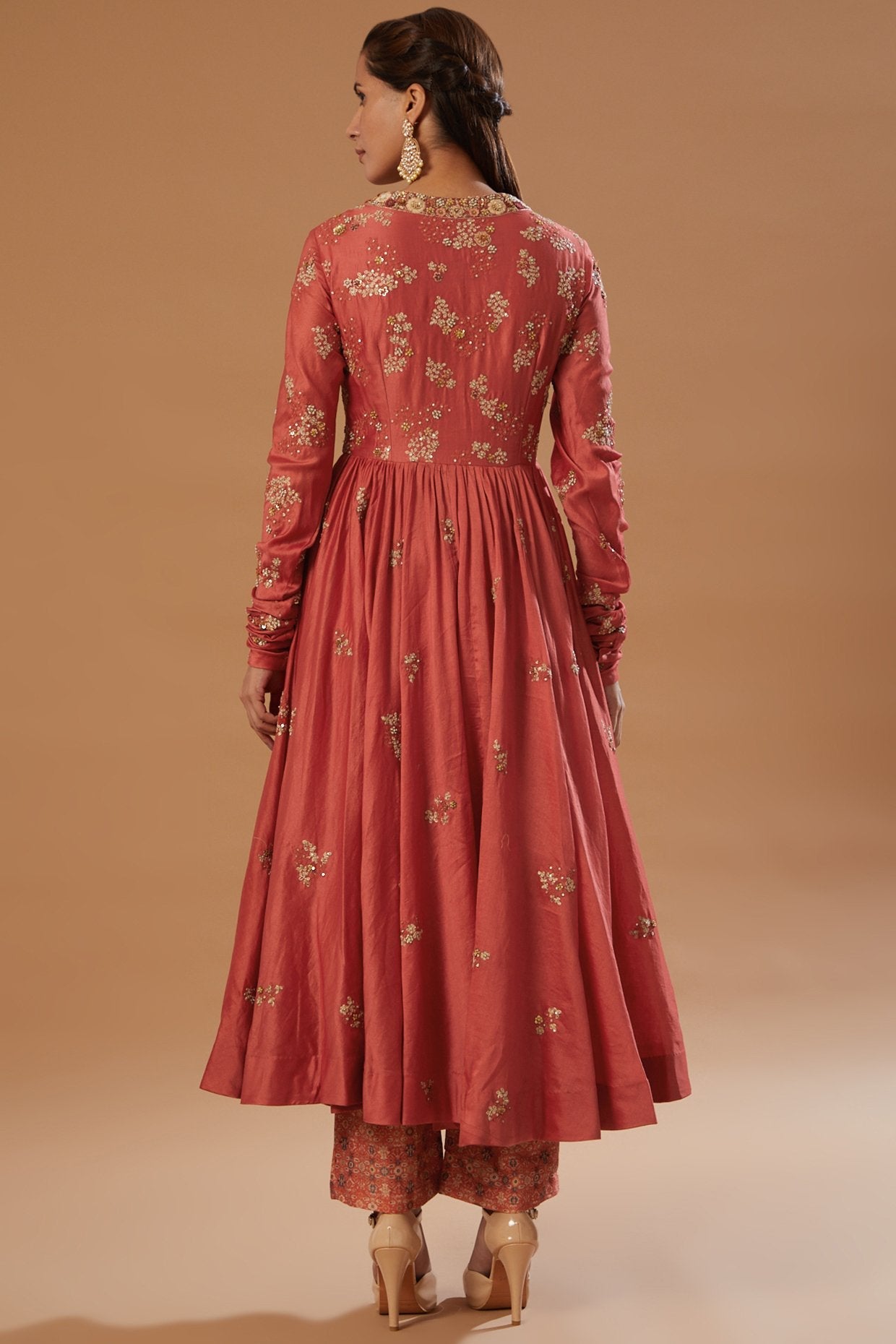 Rust Embroidered Kalidar Anarkali Set