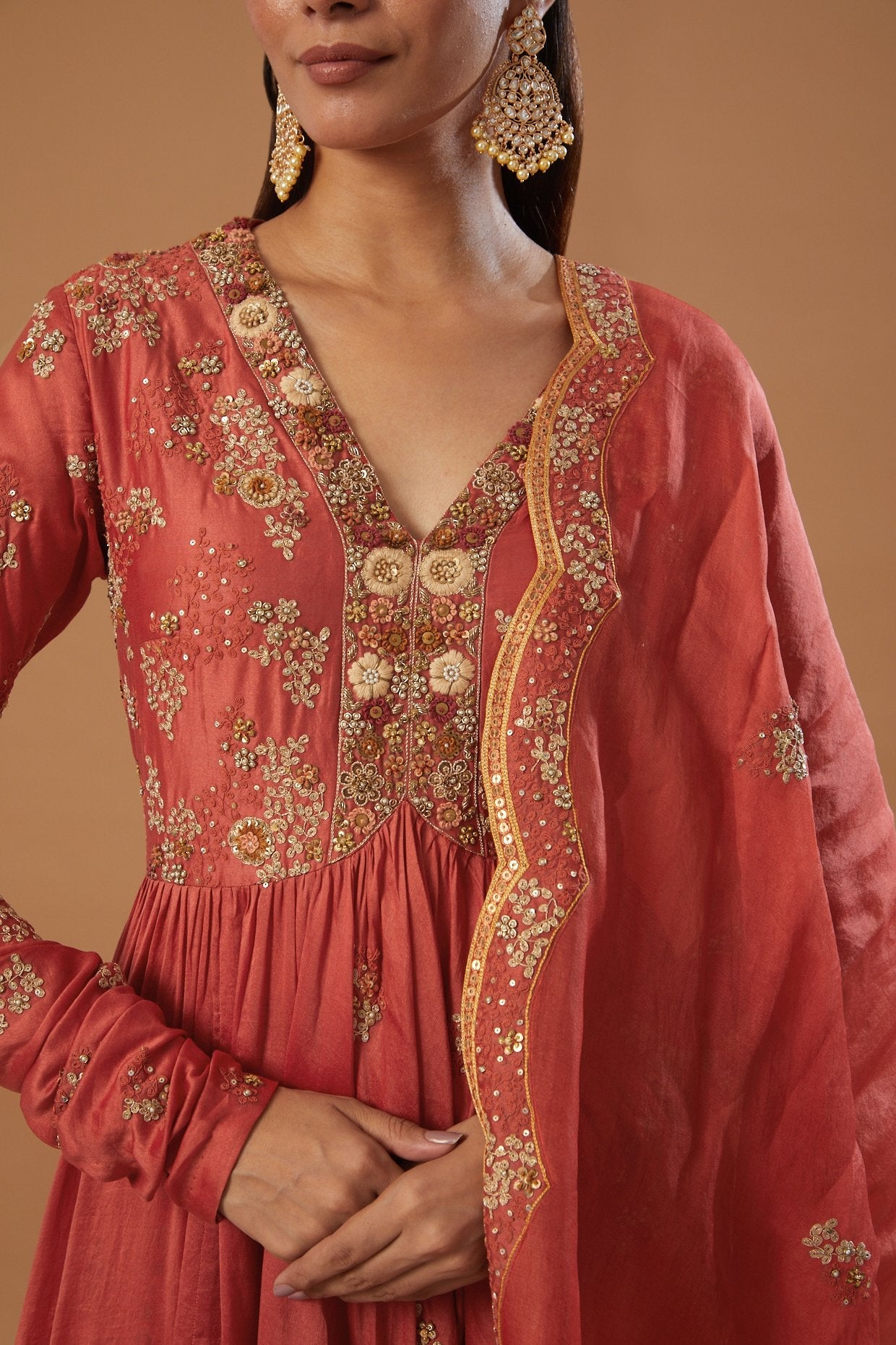 Rust Embroidered Kalidar Anarkali Set