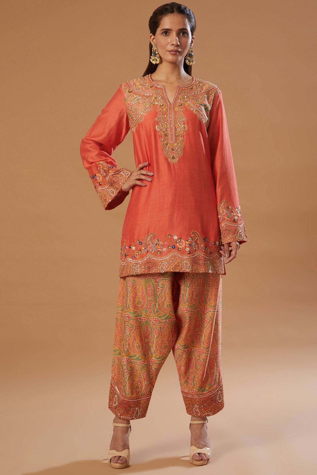 Orange Chanderi Embroidered Kurta Set